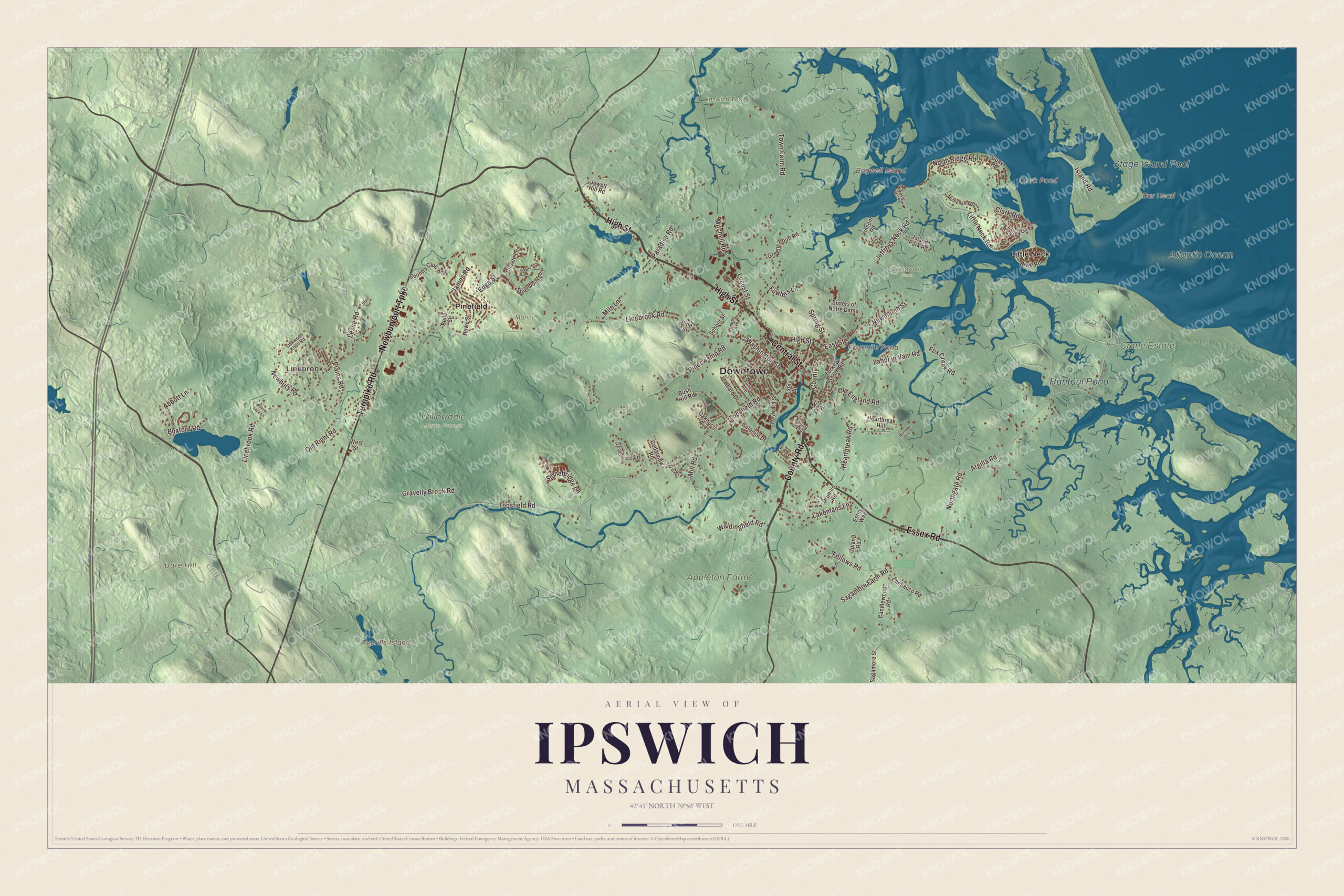 Map of Ipswich, Massachusetts, with County Road, Little Neck and Bagwell Island