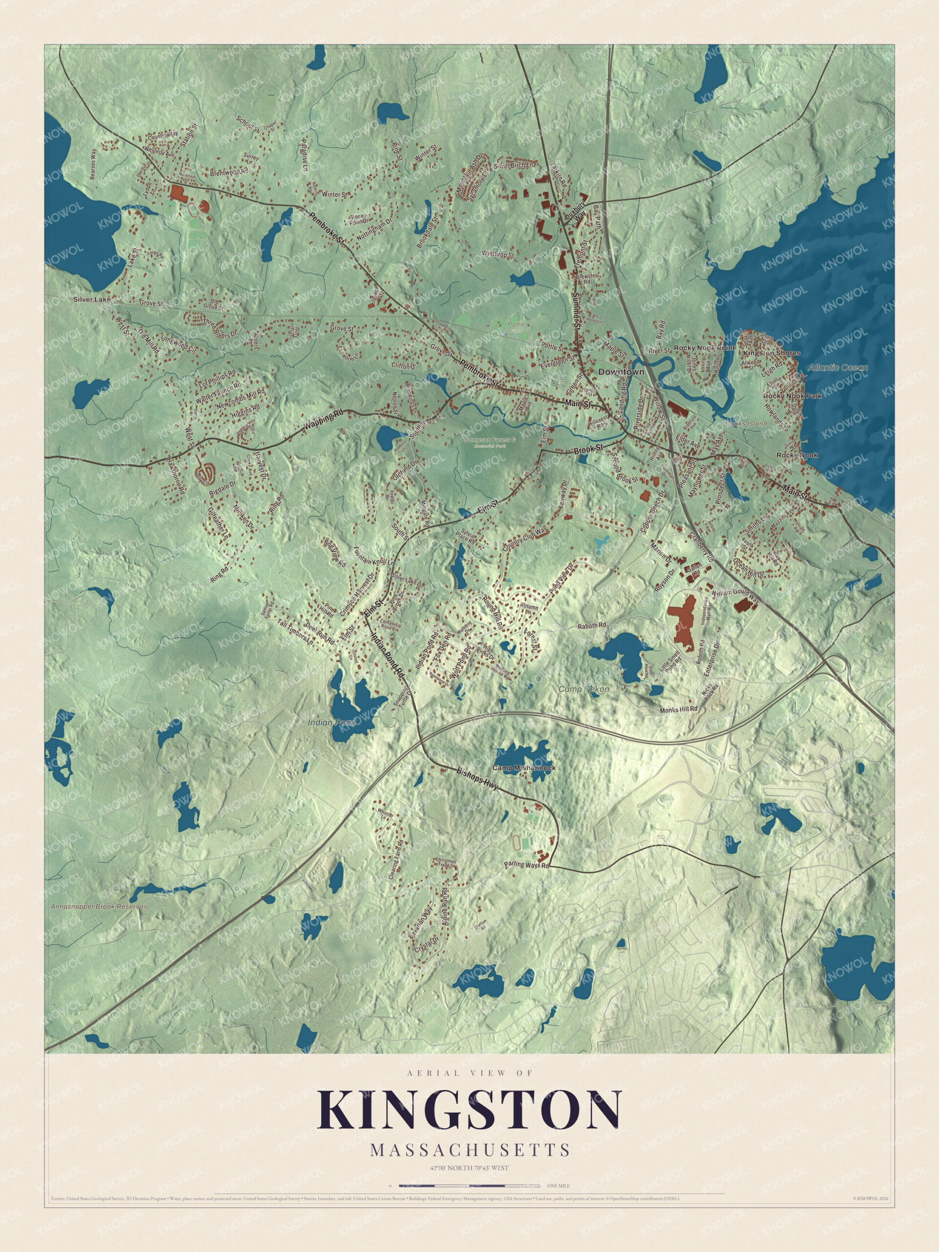 Map of Kingston, Massachusetts, with Main Street, the Jones River and Rocky Nook Point
