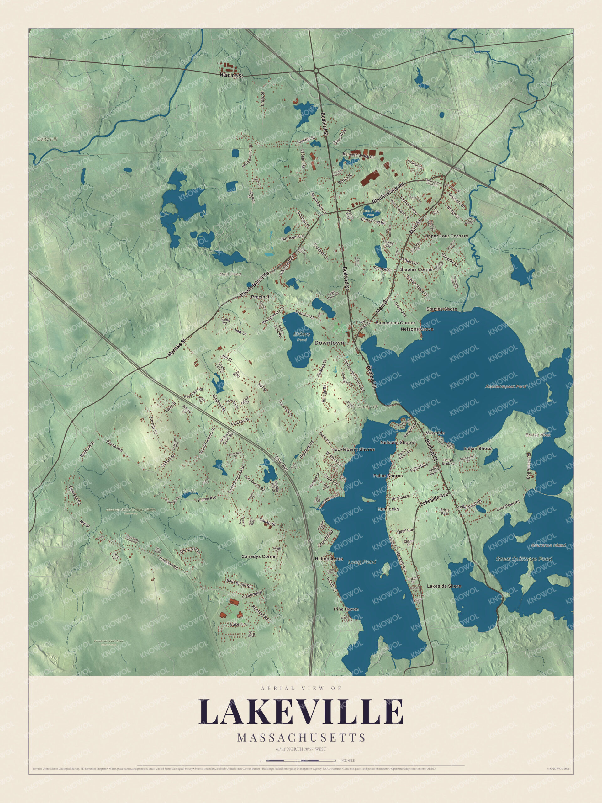 Map of Lakeville, Massachusetts, with Assawompset Pond, Long Pond and Bettys Neck