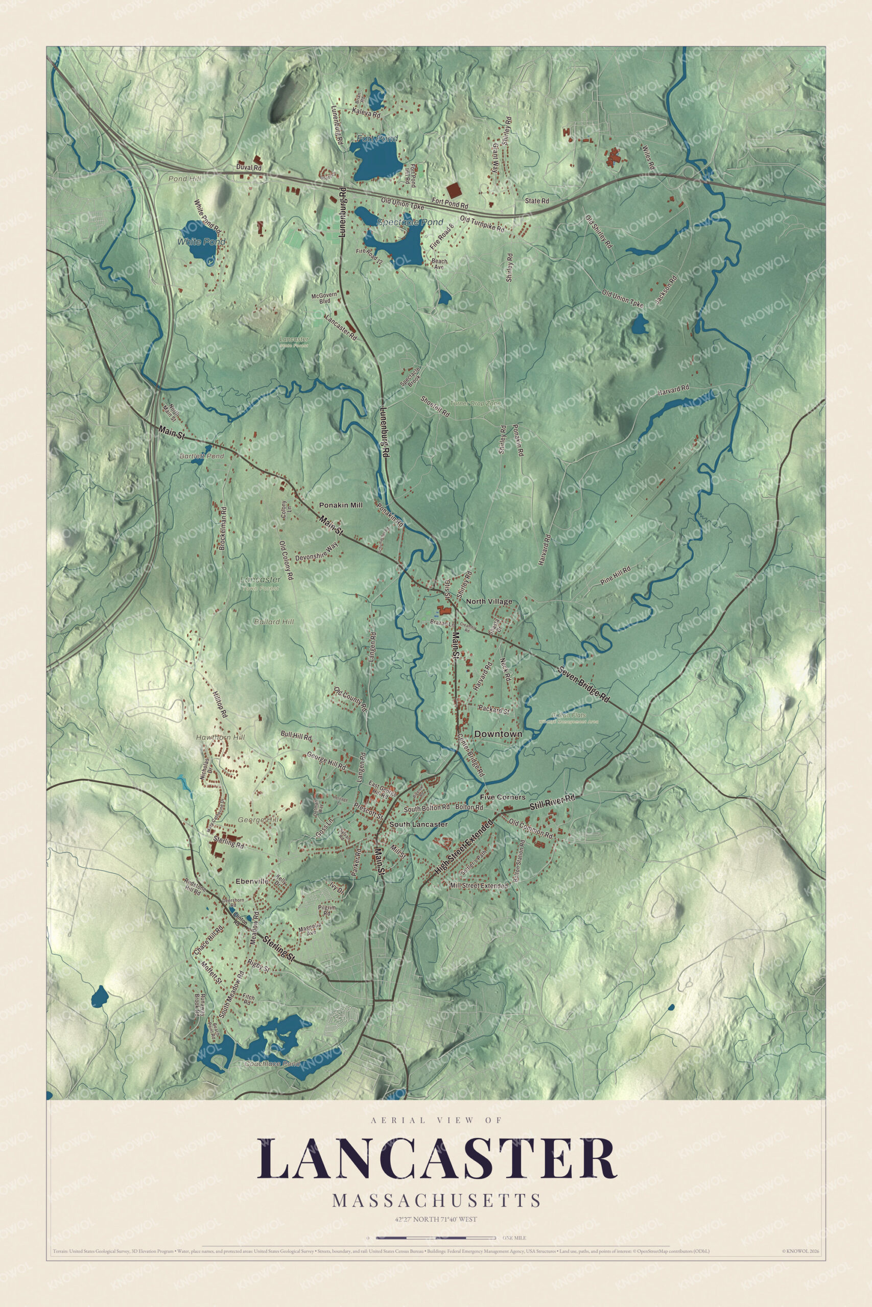 Map of Lancaster, Massachusetts, with Main Street, Fort Pond and George Hill