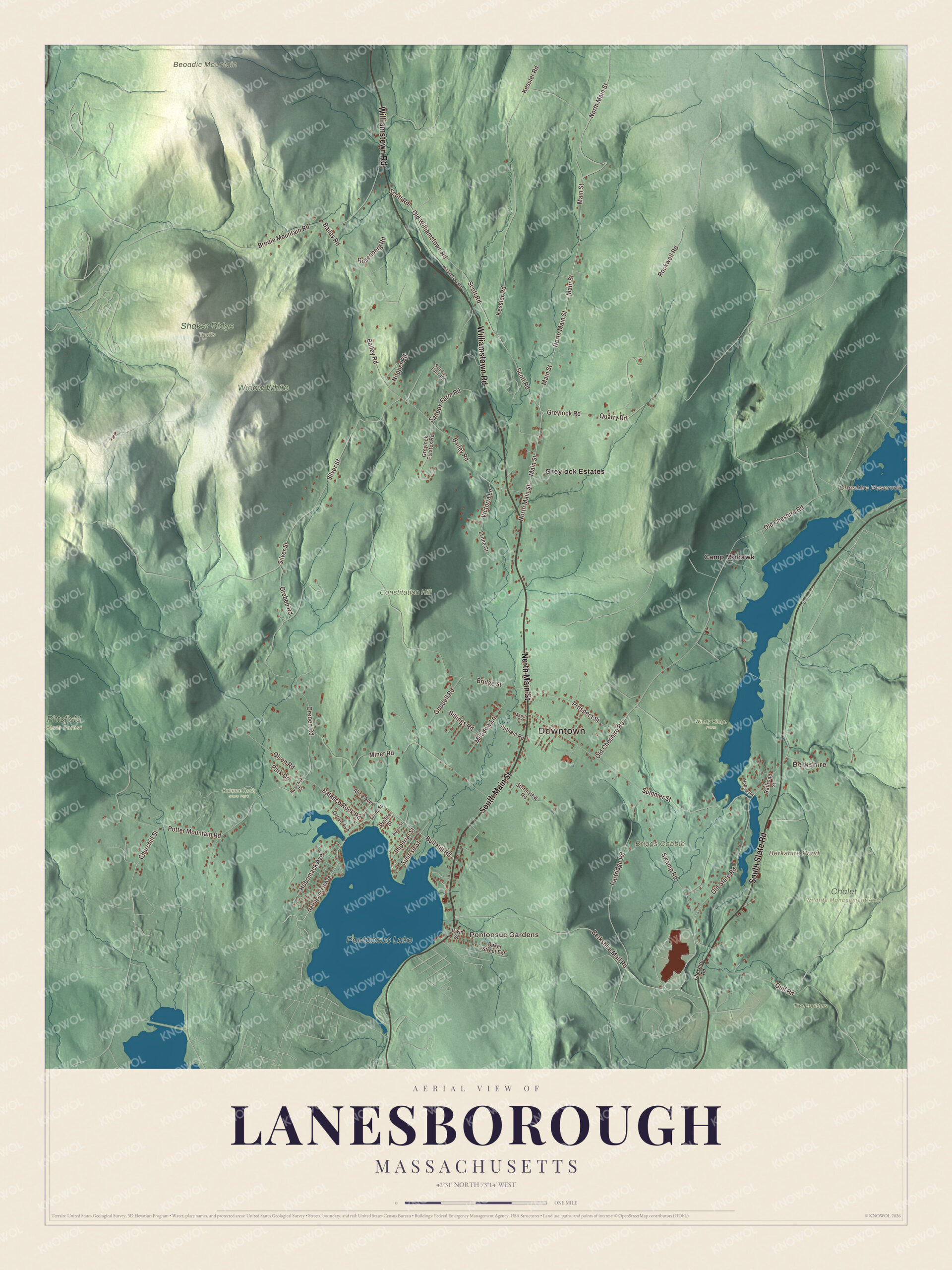 Map of Lanesborough, Massachusetts, with North Main Street, Pontoosuc Lake and the Cheshire Reservoir