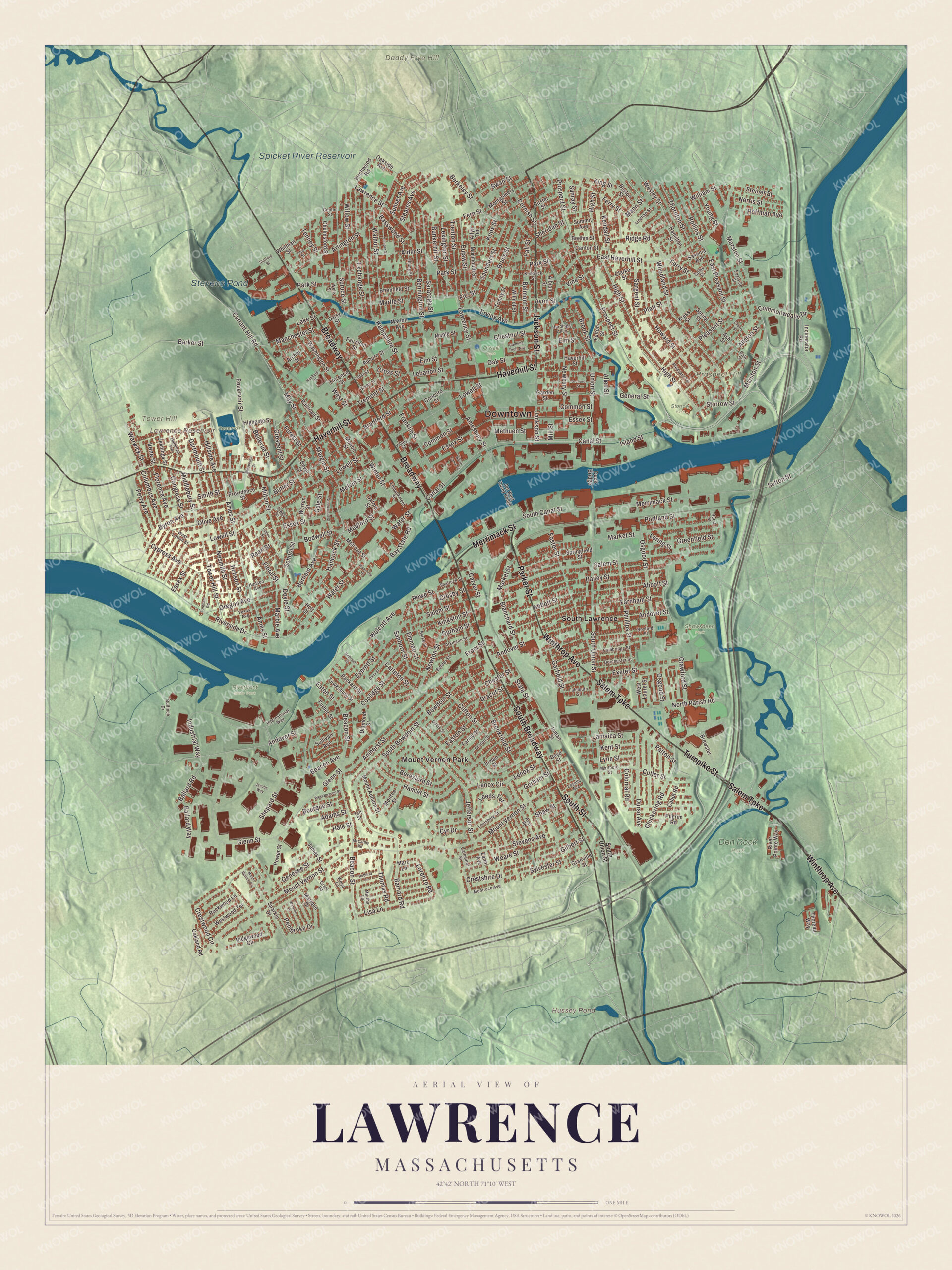 Map of Lawrence, Massachusetts, with Broadway, Haverhill Street and Tower Hill