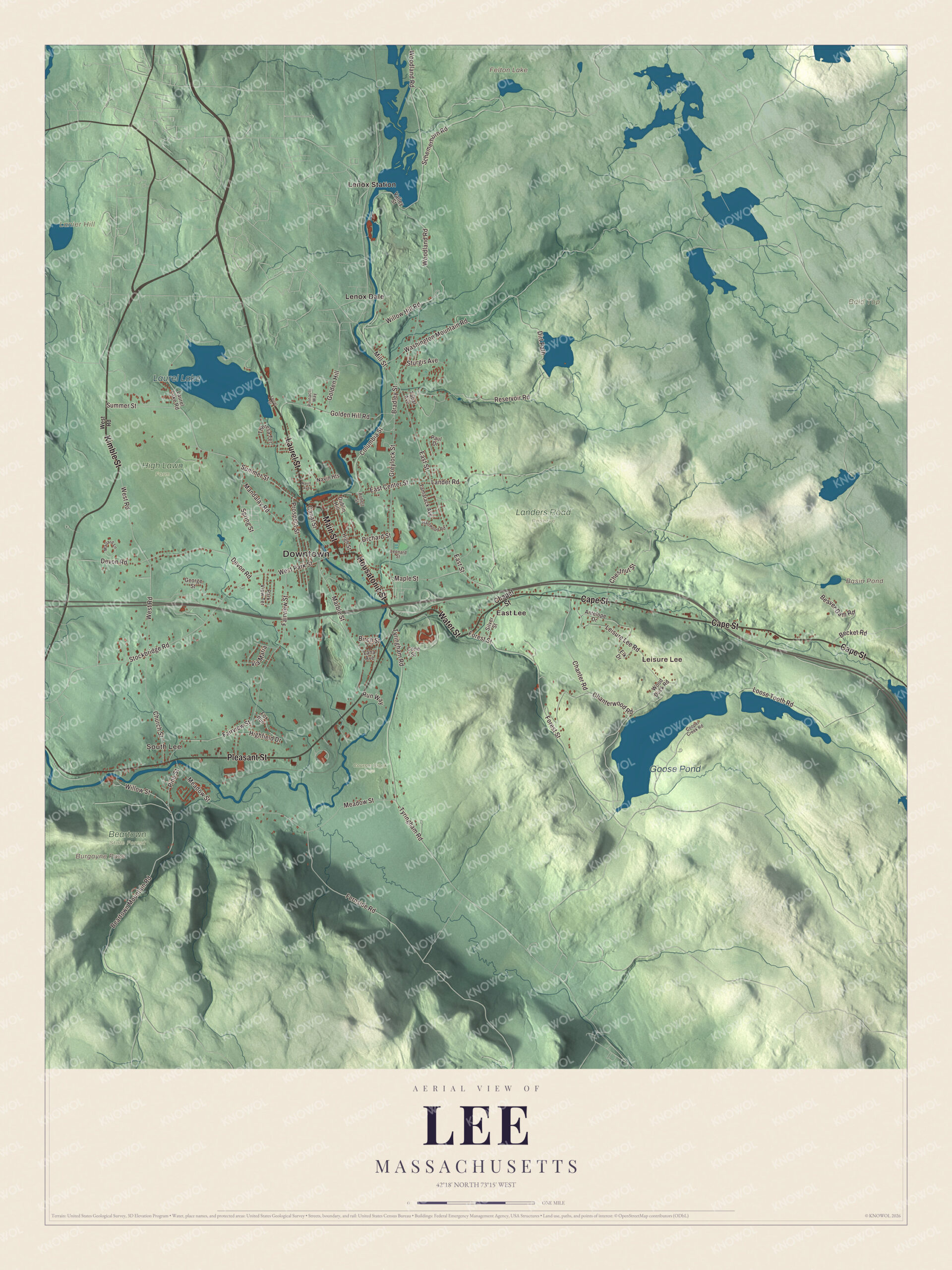 Map of Lee, Massachusetts, with Main Street, Laurel Lake and Goose Pond
