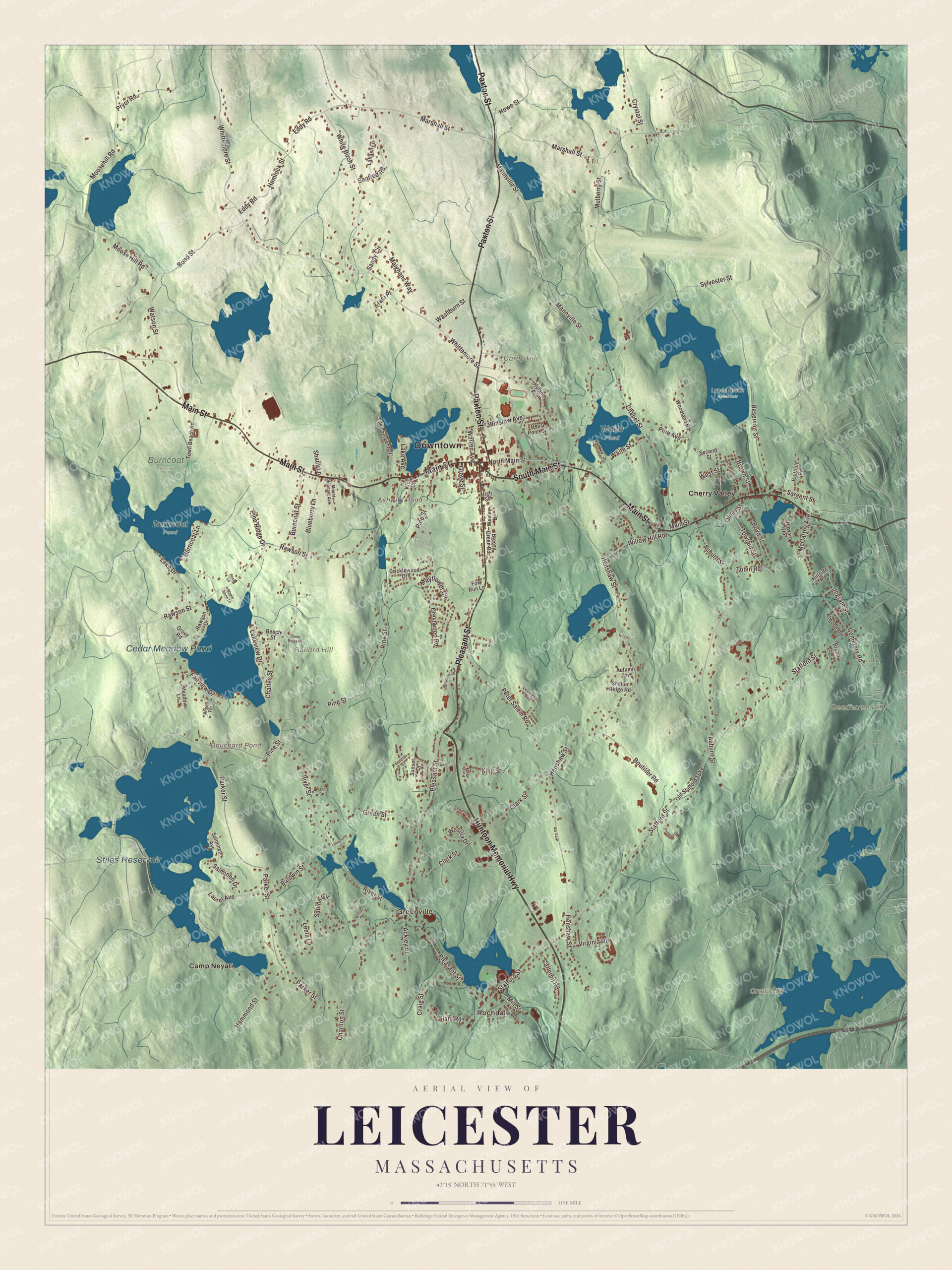Map of Leicester, Massachusetts, with Main Street, Paxton Street and Stiles Reservoir