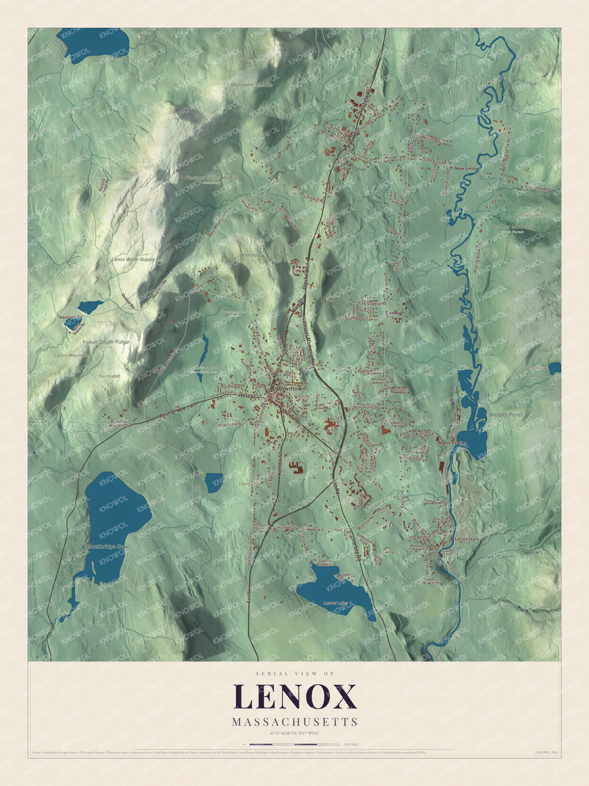 Map of Lenox, Massachusetts, with Main Street, Walker Street and Laurel Lake