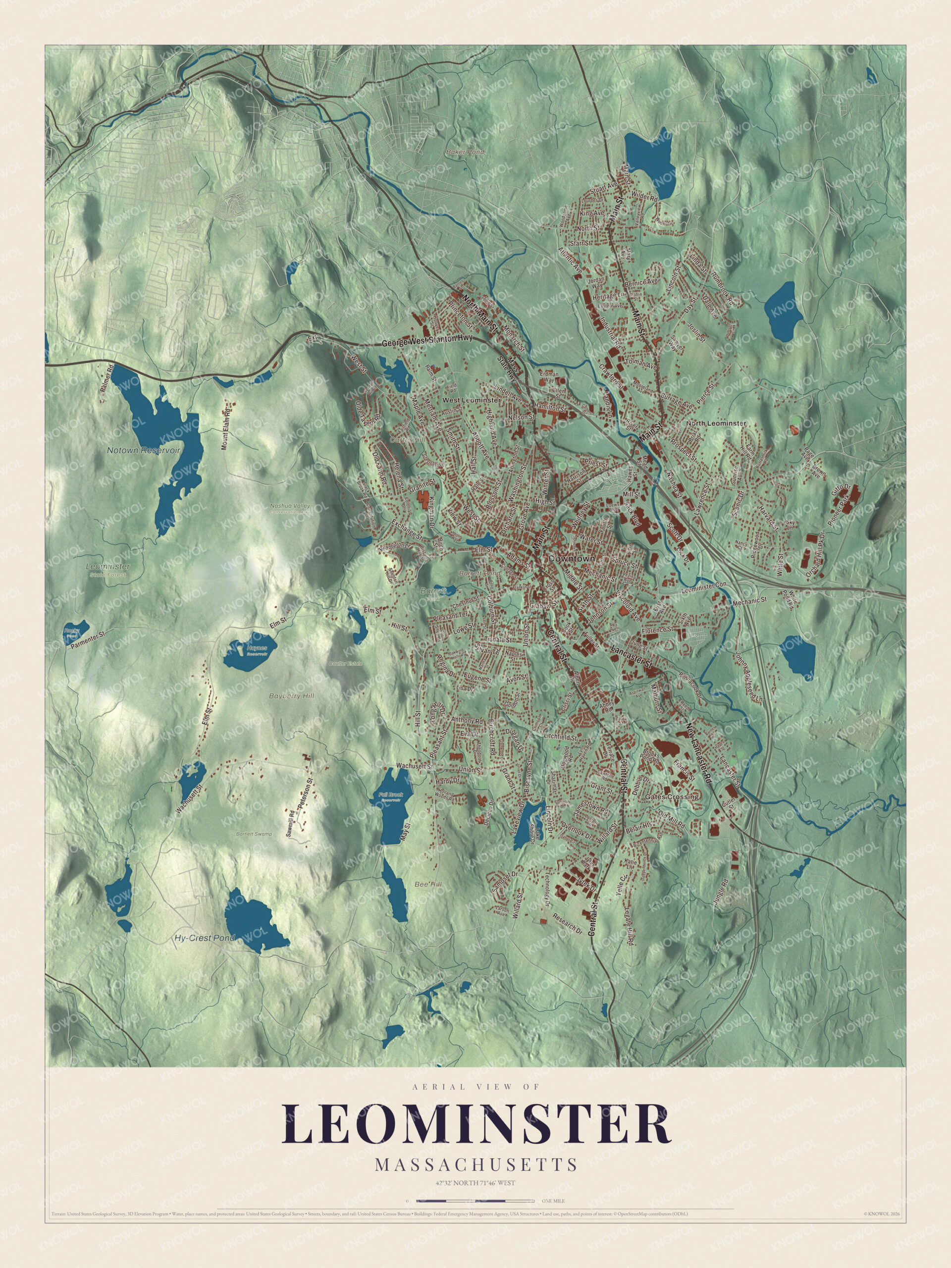 Map of Leominster, Massachusetts, with North Main Street, Central Street and Notown Reservoir