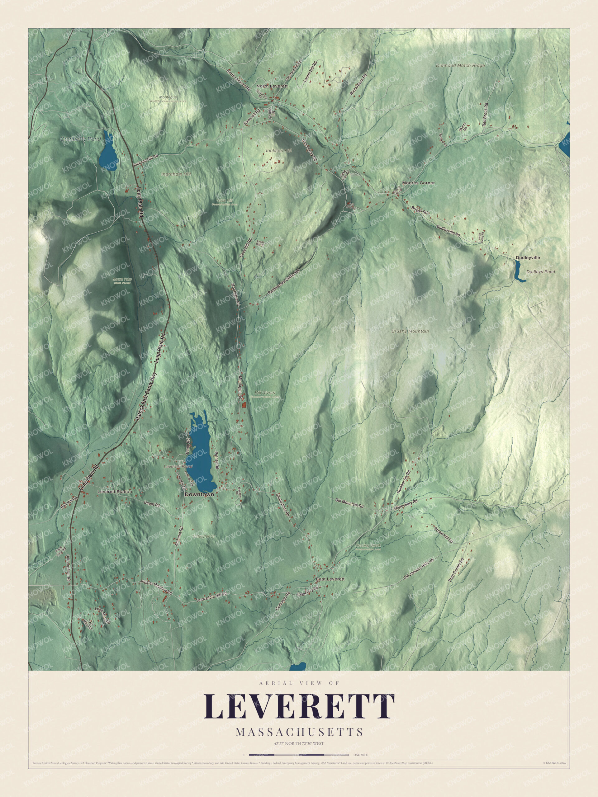 Map of Leverett, Massachusetts, with Long Plain Road, Amherst Road and Leverett Pond