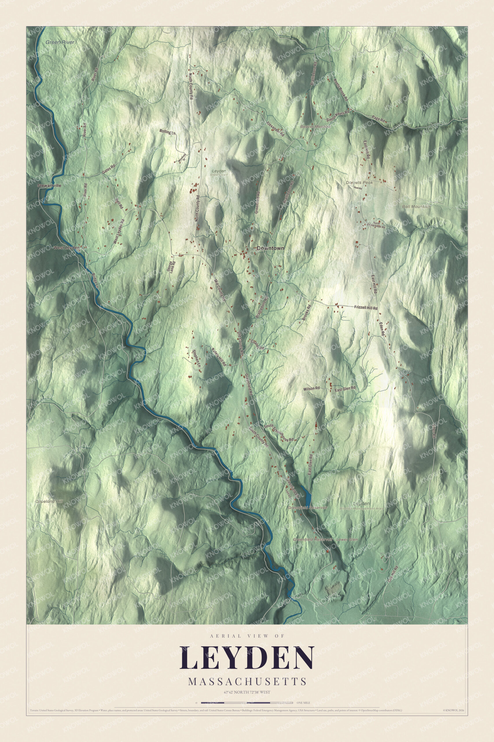 Map of Leyden, Massachusetts, with Brattleboro Road, the Green River and Greenfield Reservoir