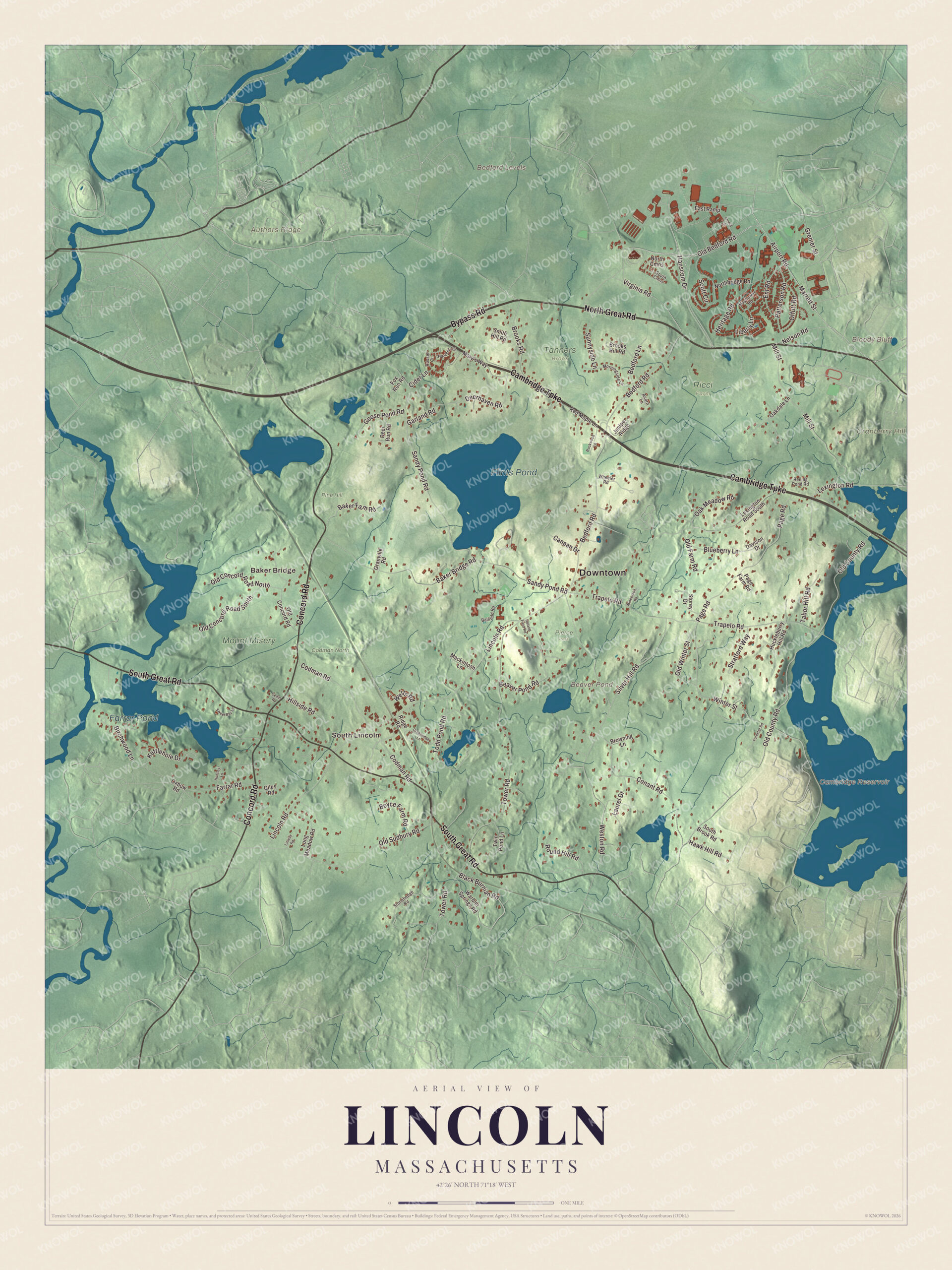 Map of Lincoln, Massachusetts, with North Great Road, South Great Road and Flints Pond