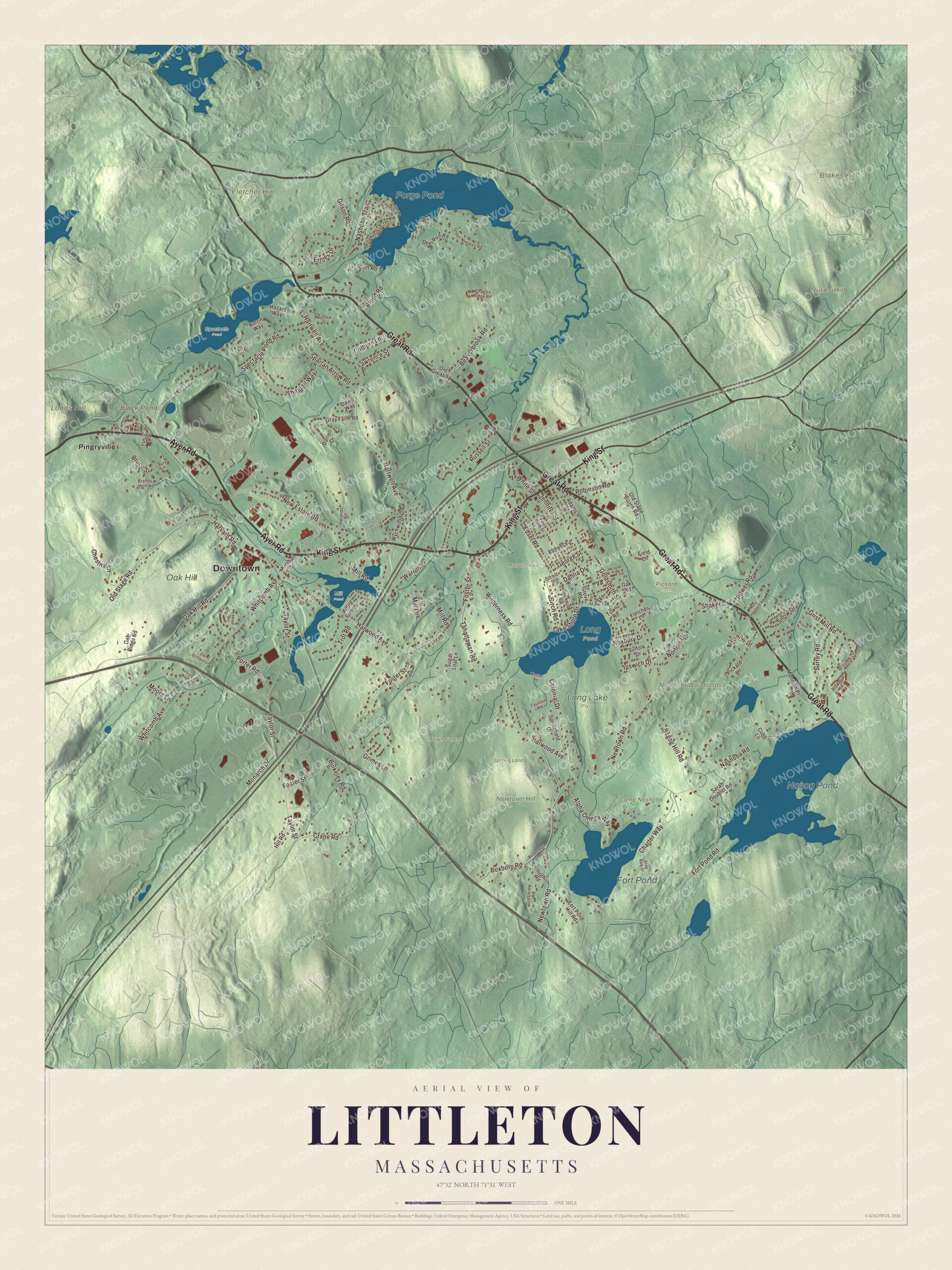 Map of Littleton, Massachusetts, with Great Road, King Street and Fort Pond