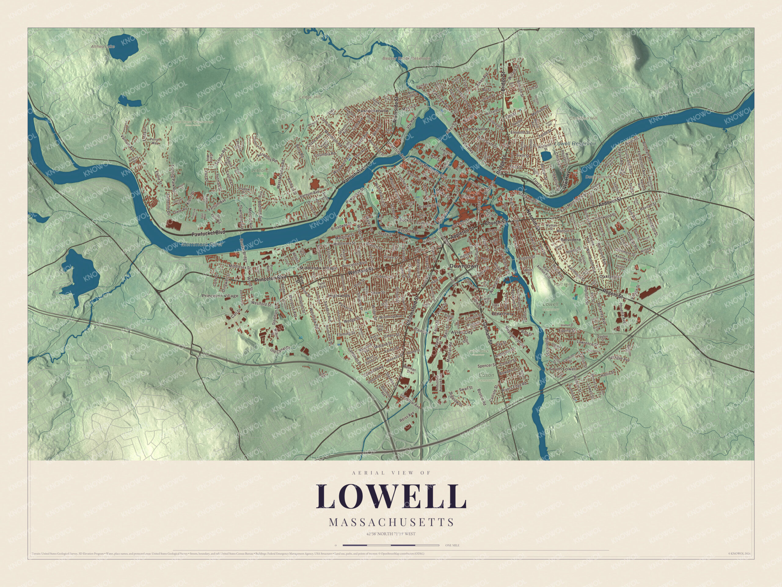 Map of Lowell, Massachusetts, with Chelmsford Street, Andover Street and the Merrimack River
