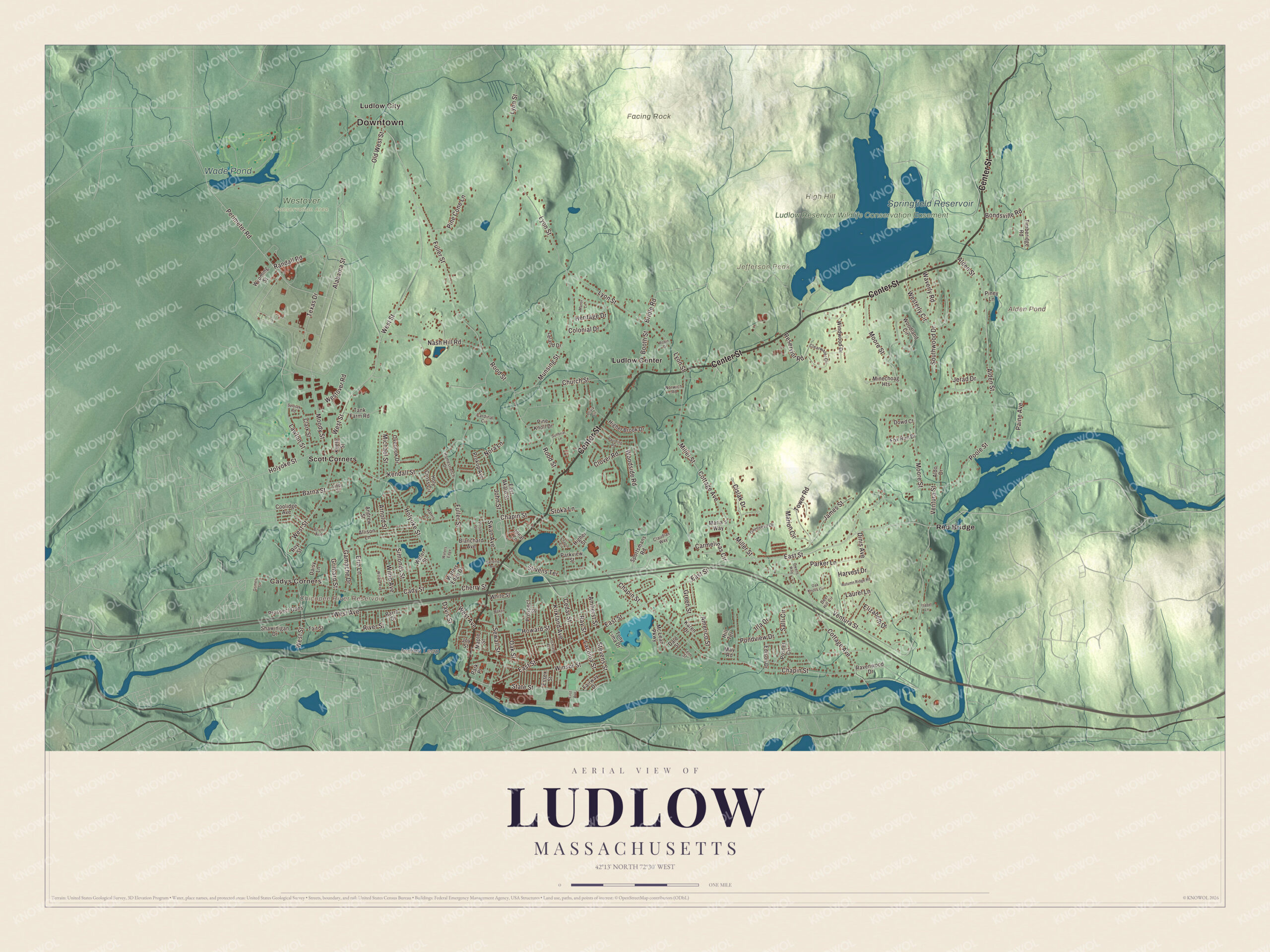 Map of Ludlow, Massachusetts, with Center Street, East Street and the Springfield Reservoir