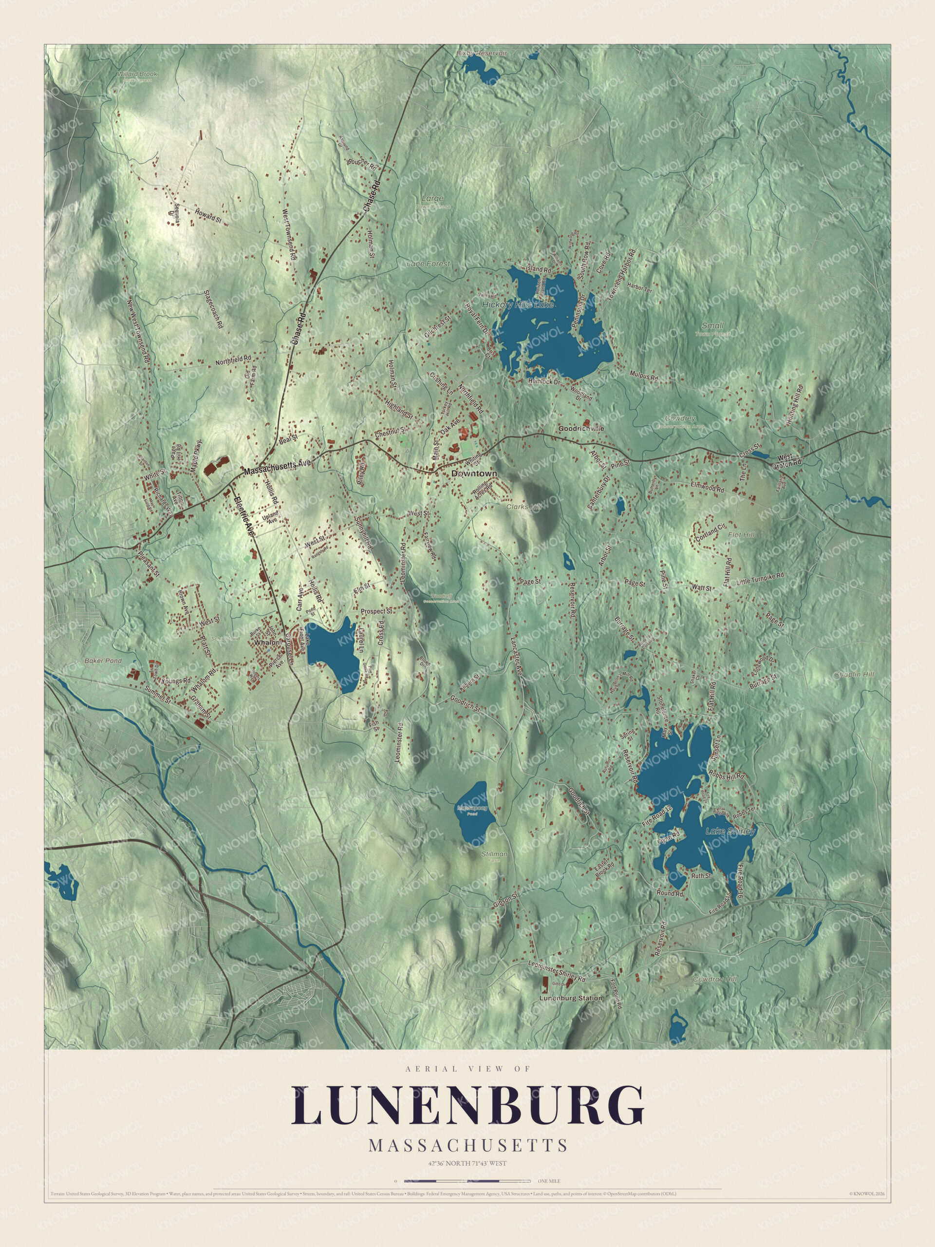 Map of Lunenburg, Massachusetts, with Massachusetts Avenue, Electric Avenue and Lake Shirley