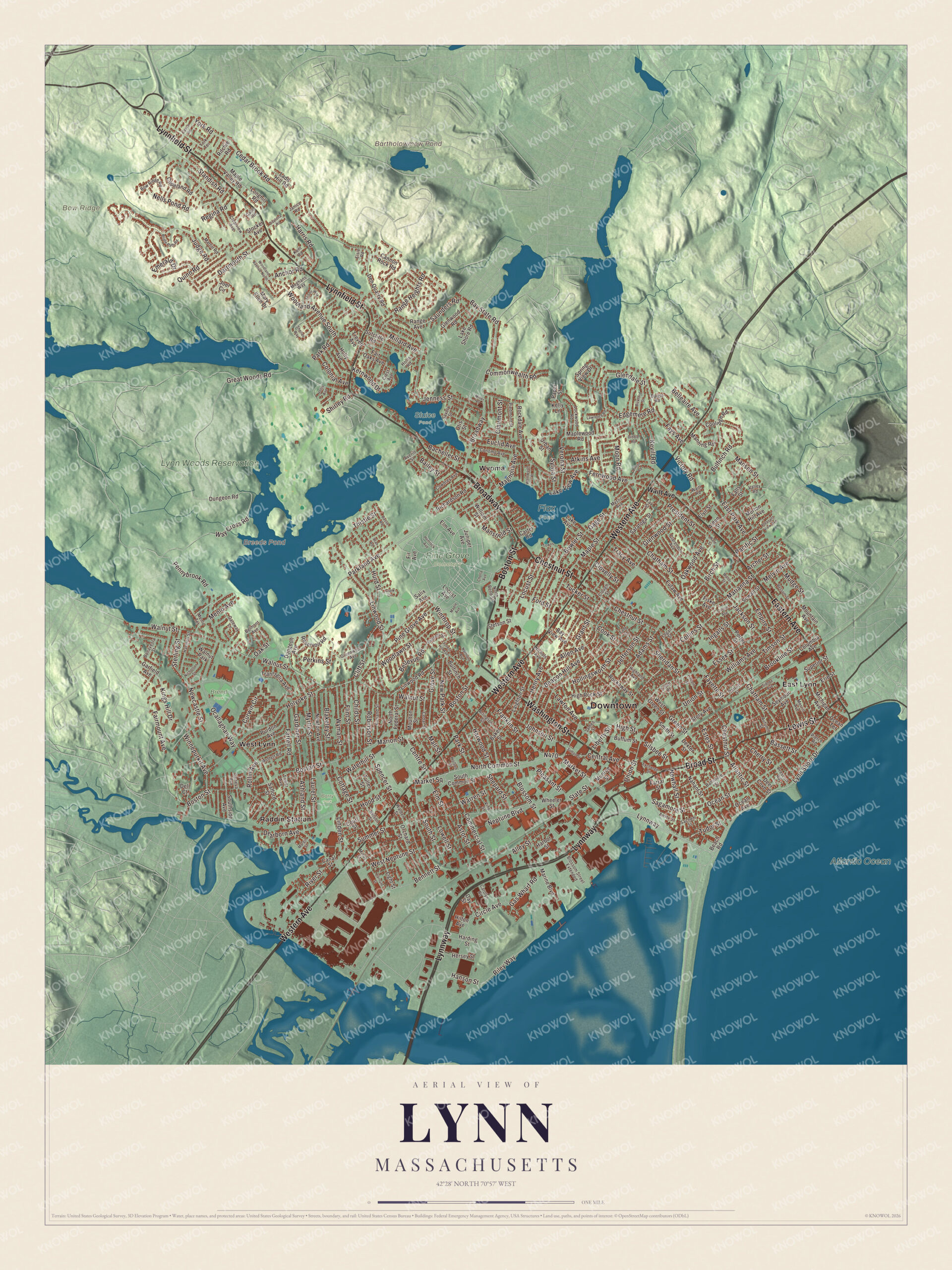 Map of Lynn, Massachusetts, with Broad Street, Washington Street and the Lynn Woods Reservation