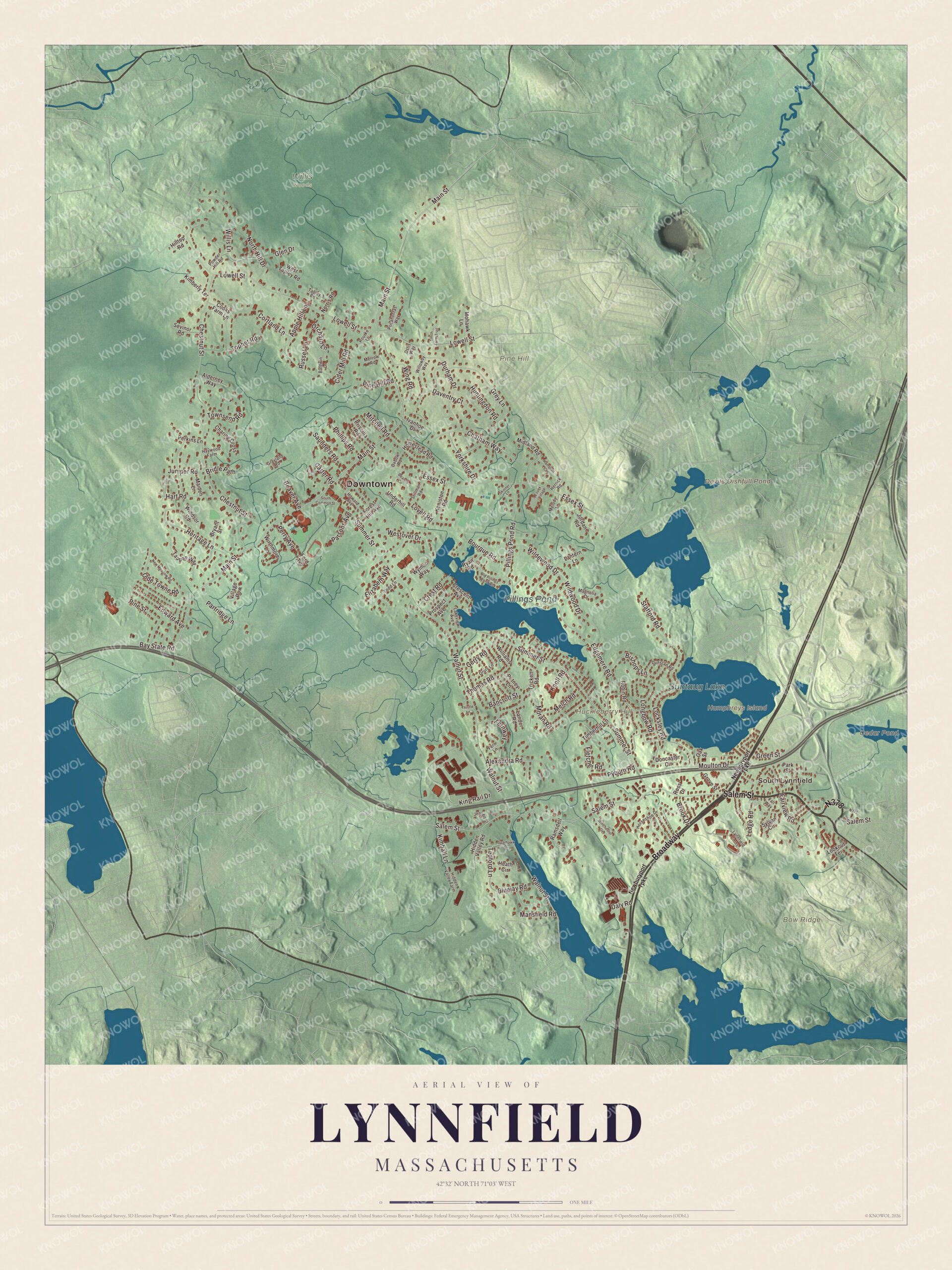 Map of Lynnfield, Massachusetts, with Main Street, Summer Street and Suntaug Lake