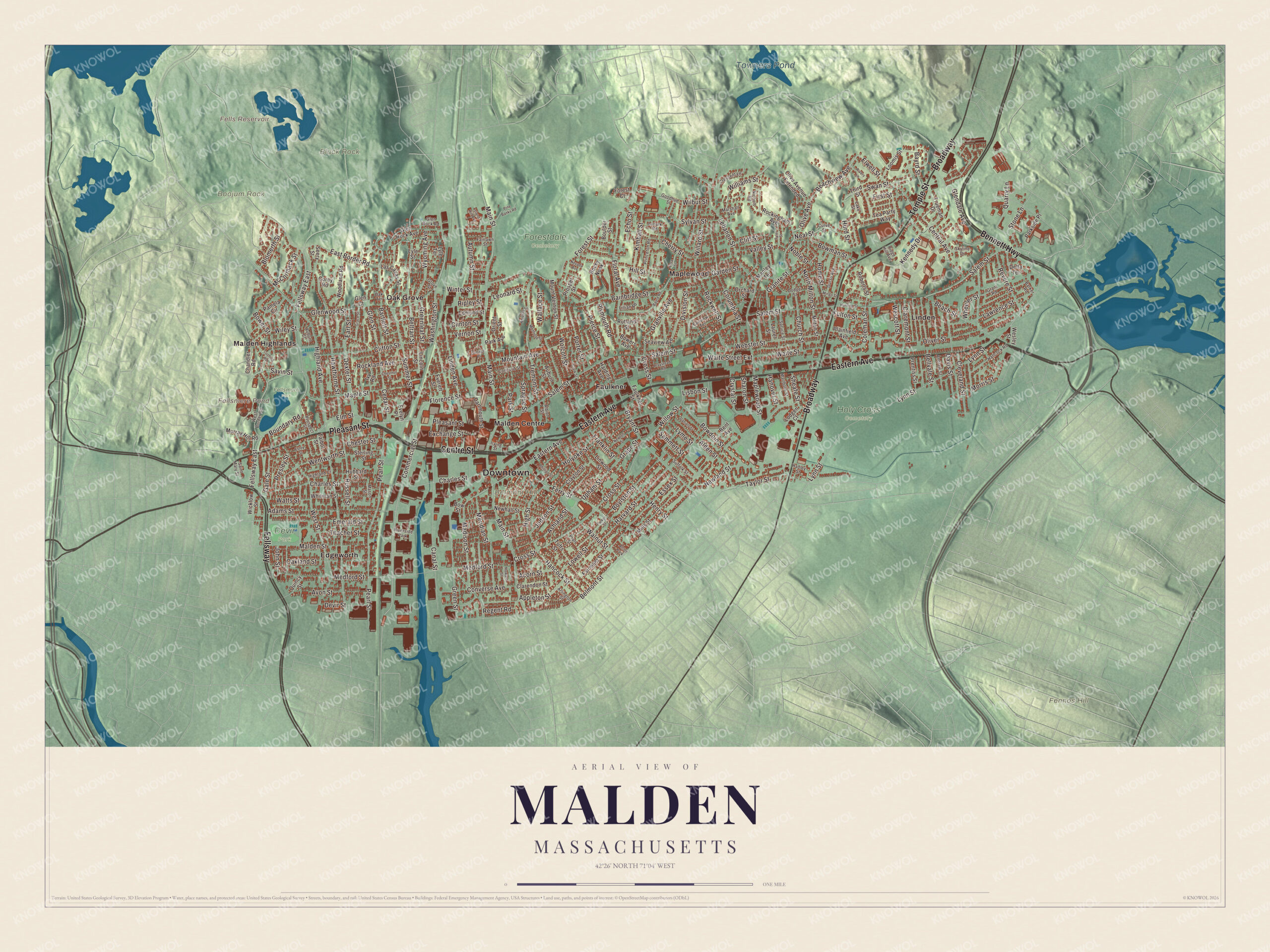 Map of Malden, Massachusetts, with Pleasant Street, Eastern Avenue and Fellsmere Pond