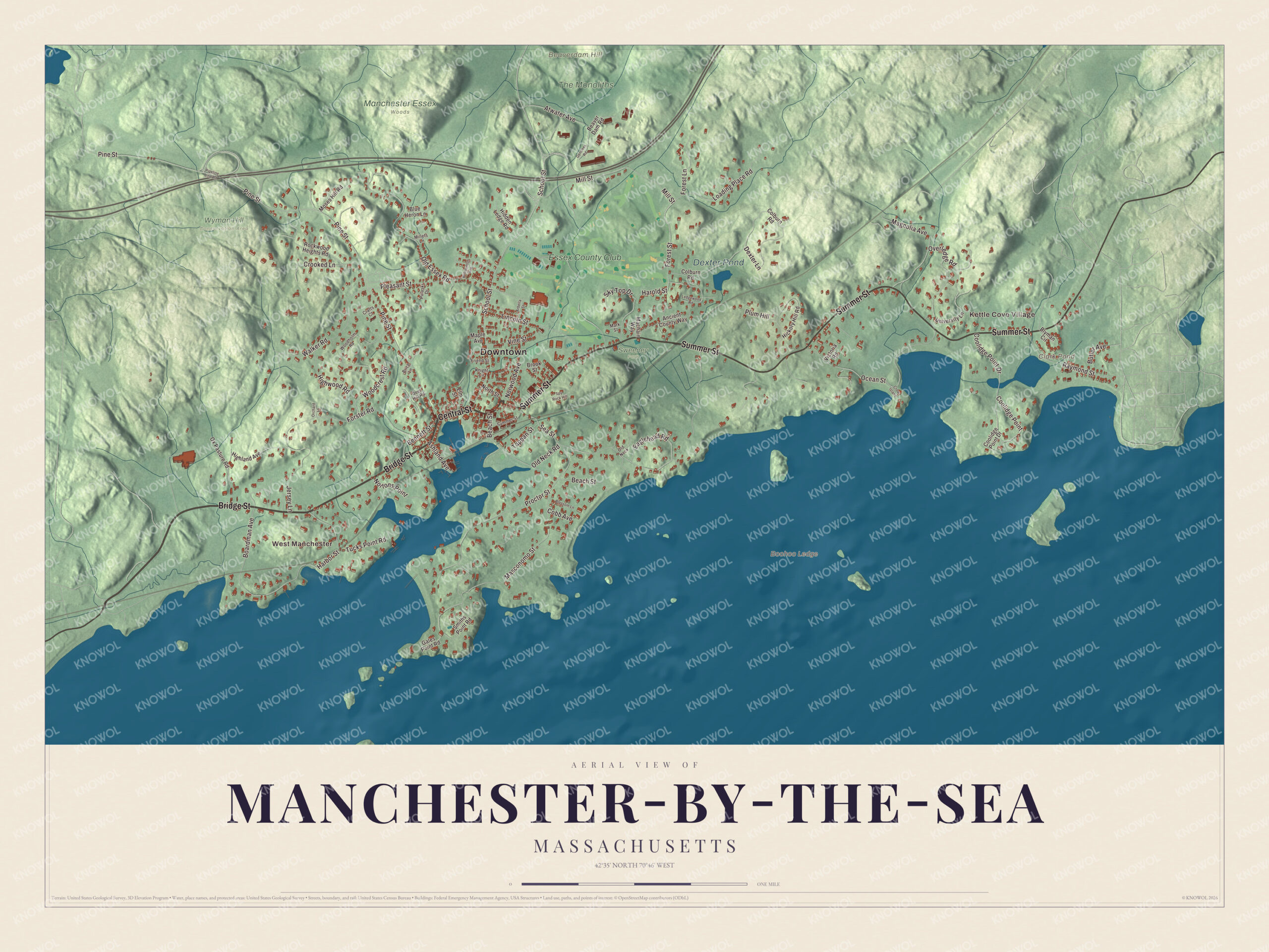 Map of Manchester-by-the-Sea, Massachusetts, with Bridge Street, Summer Street and Dexter Pond