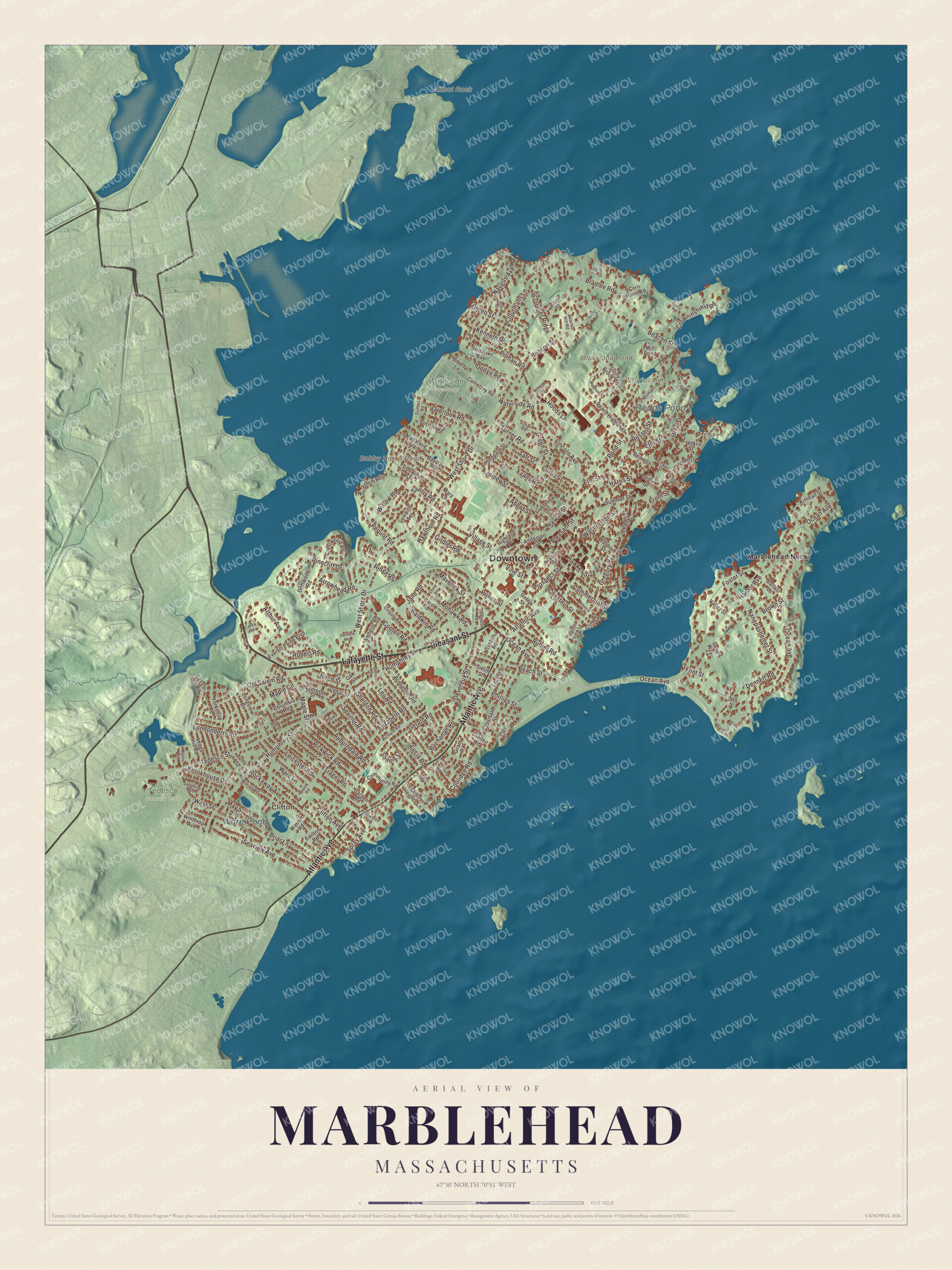 Map of Marblehead, Massachusetts, with Front Street, Marblehead Neck and Burial Hill