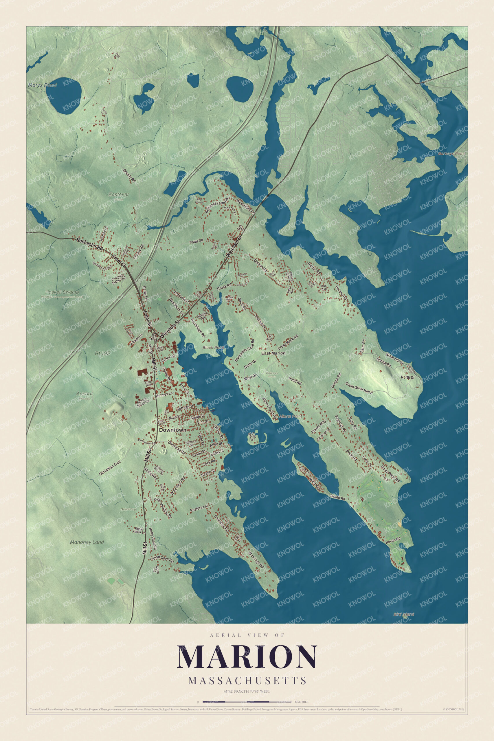 Map of Marion, Massachusetts, with Front Street, Sippican Harbor and Bird Island