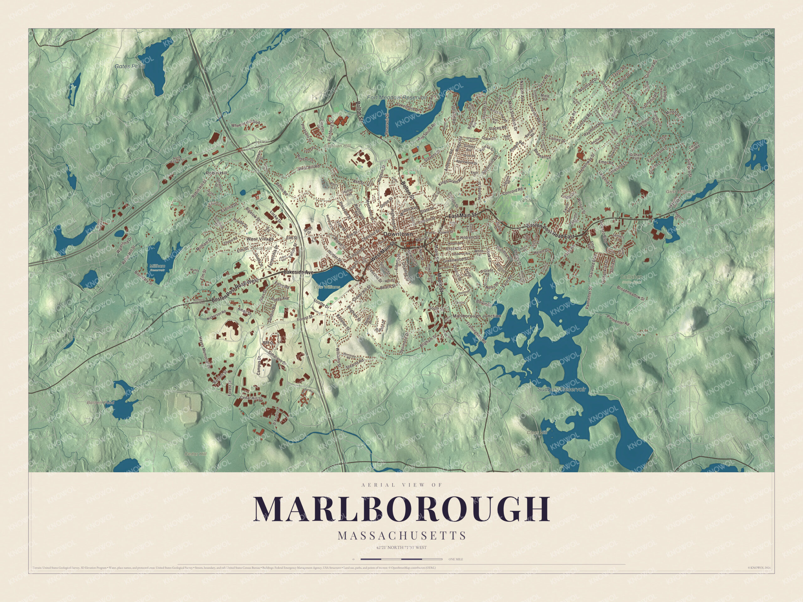 Map of Marlborough, Massachusetts, with Main Street, Fort Meadow Reservoir and Sudbury Reservoir