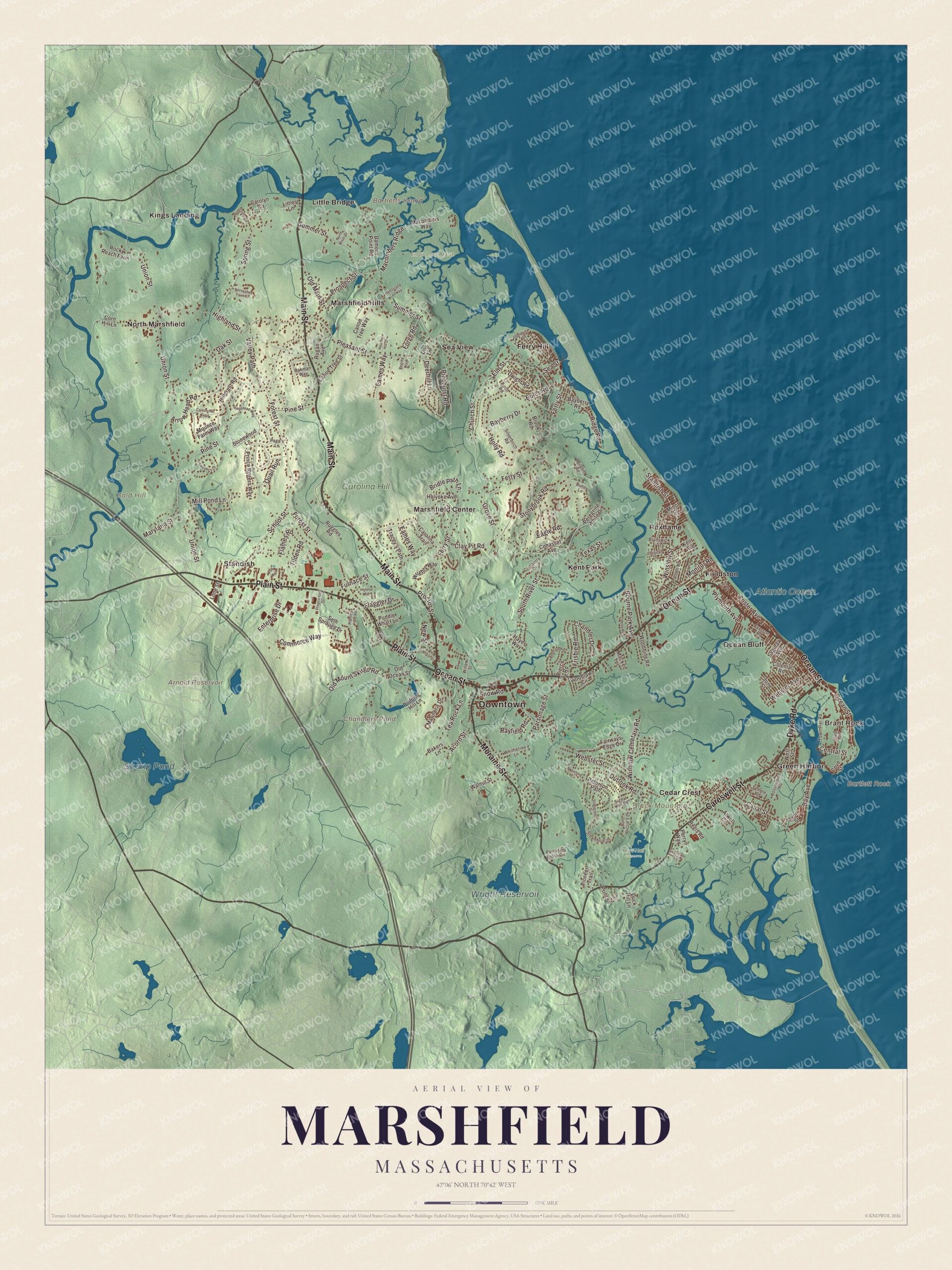 Map of Marshfield, Massachusetts, with Ocean Street, Brant Rock and Green Harbor