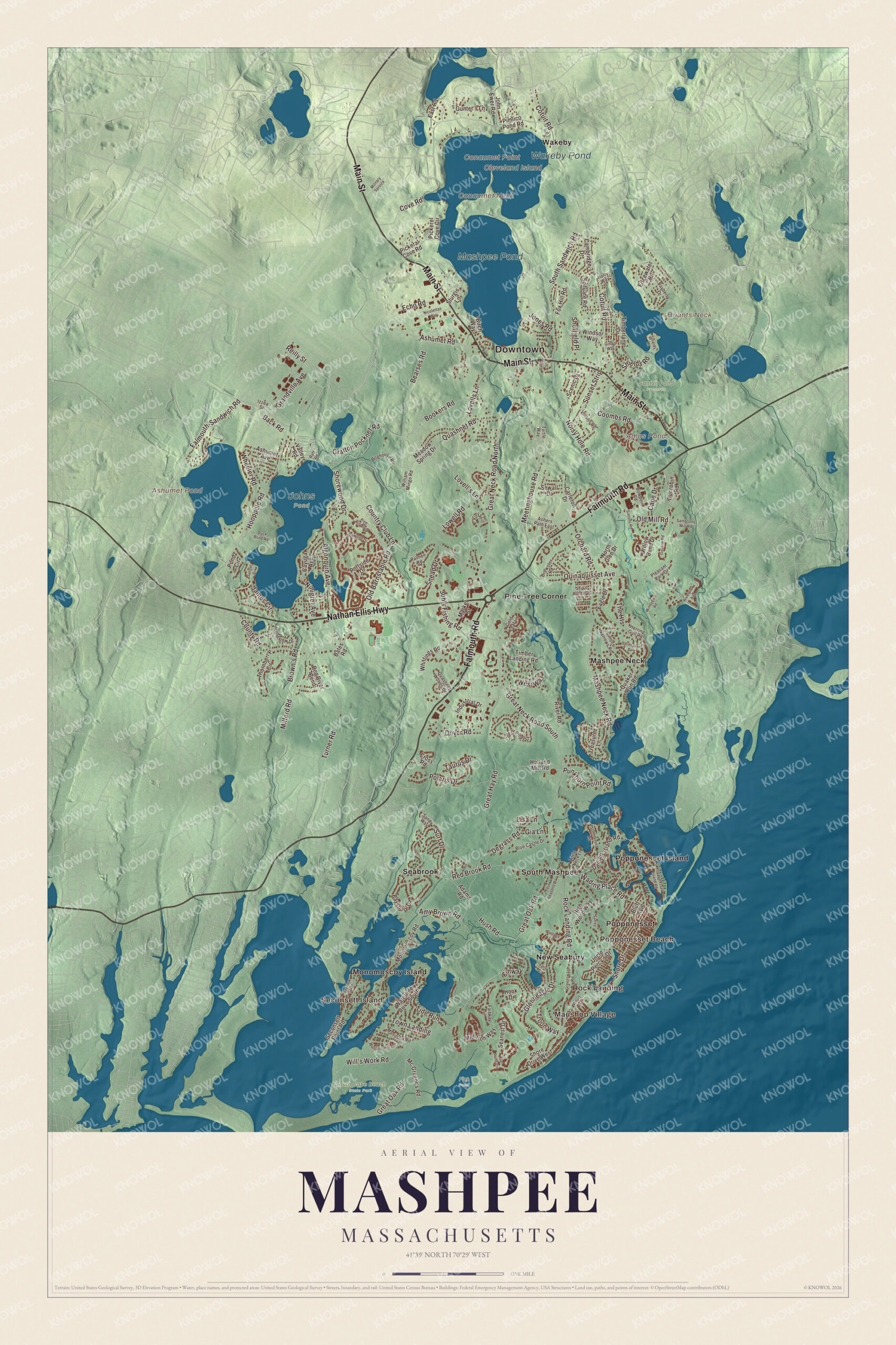 Map of Mashpee, Massachusetts, with Mashpee Pond, Wakeby Pond and South Cape Beach