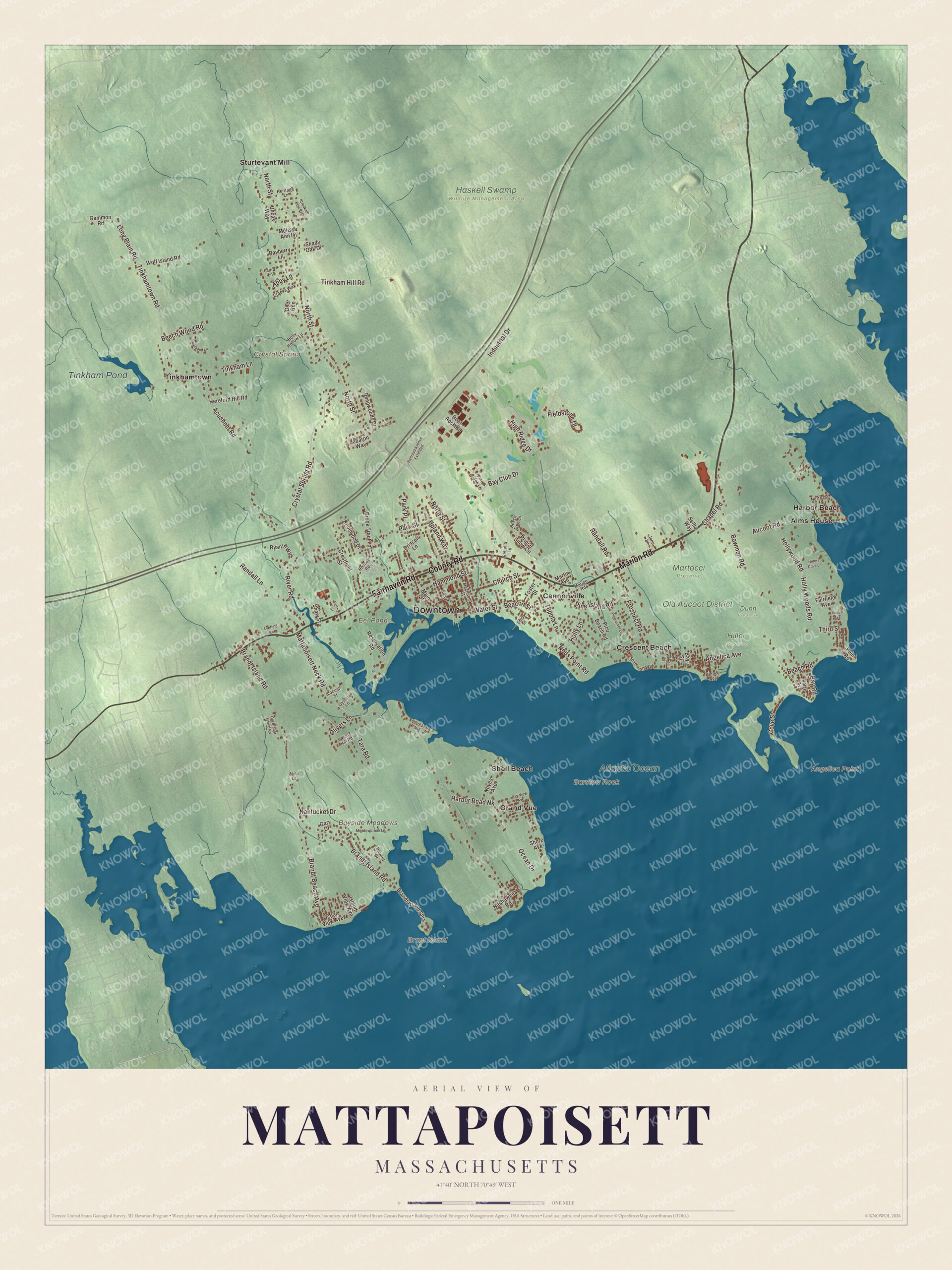 Map of Mattapoisett, Massachusetts, with Water Street, Eel Pond and Brant Island