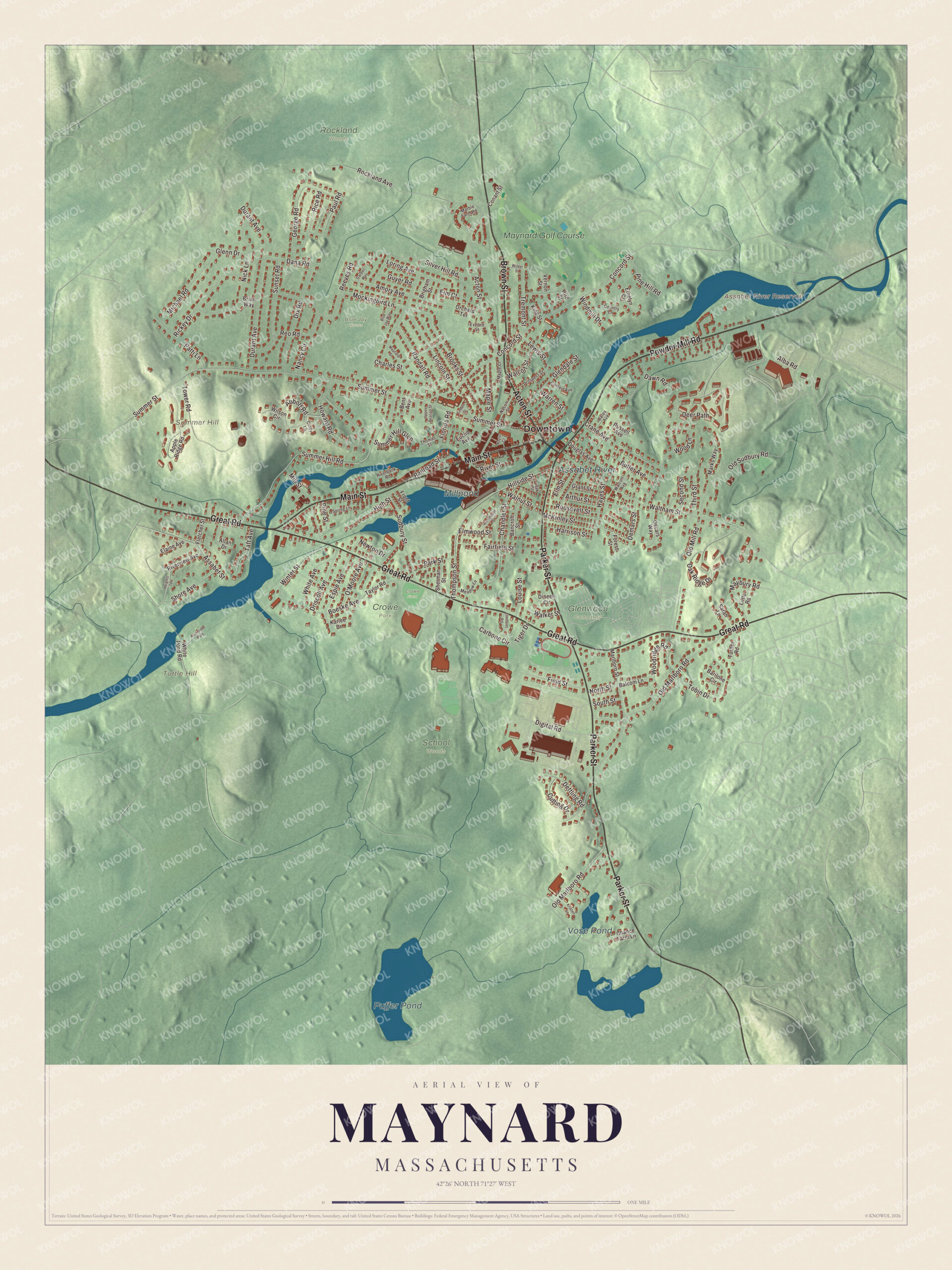 Map of Maynard, Massachusetts, with Main Street, the Assabet River and Summer Hill
