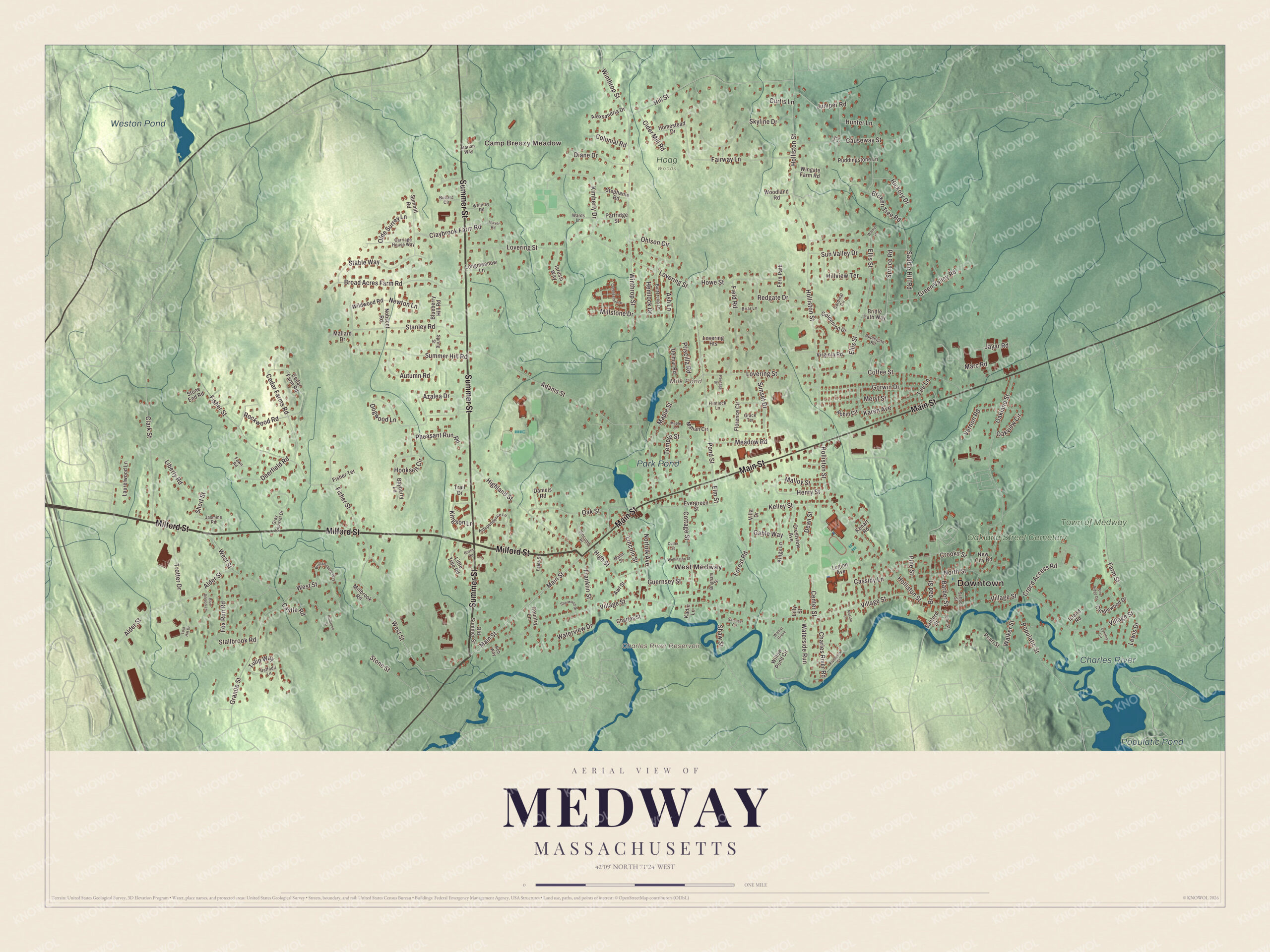 Map of Medway, Massachusetts, with Main Street, Populatic Pond and the Charles River Reservoir
