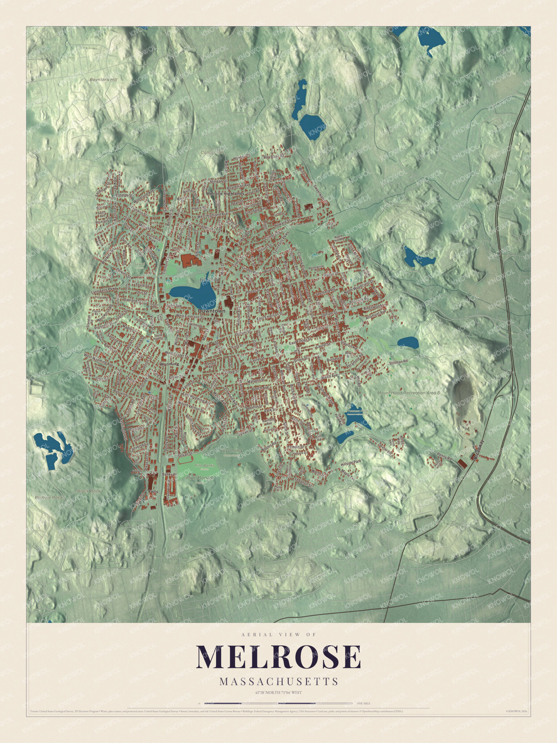 Map of Melrose, Massachusetts, with Upham Street, Ell Pond and Mount Hood