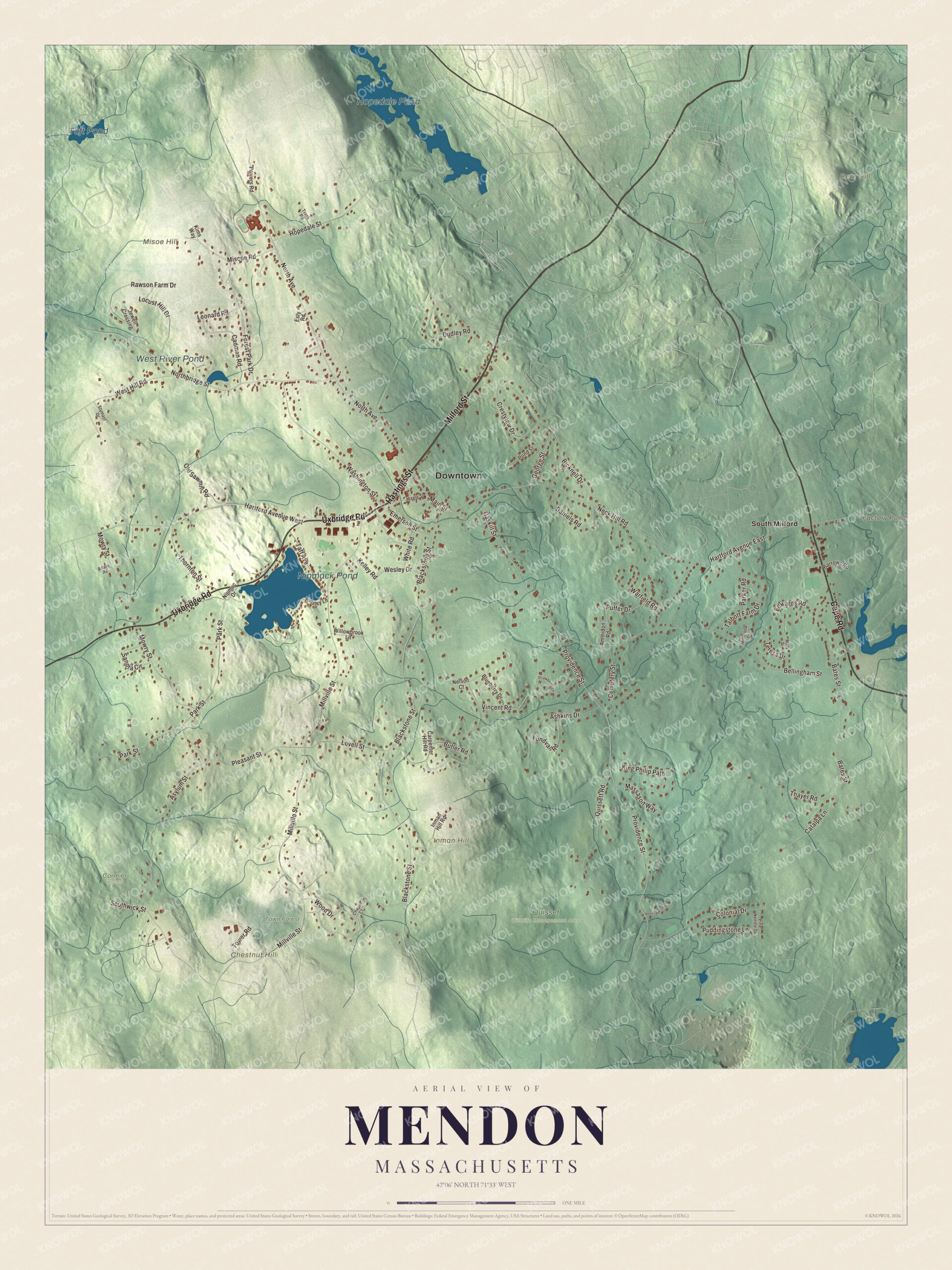 Map of Mendon, Massachusetts, with Main Street, Hastings Street and Taft Pond