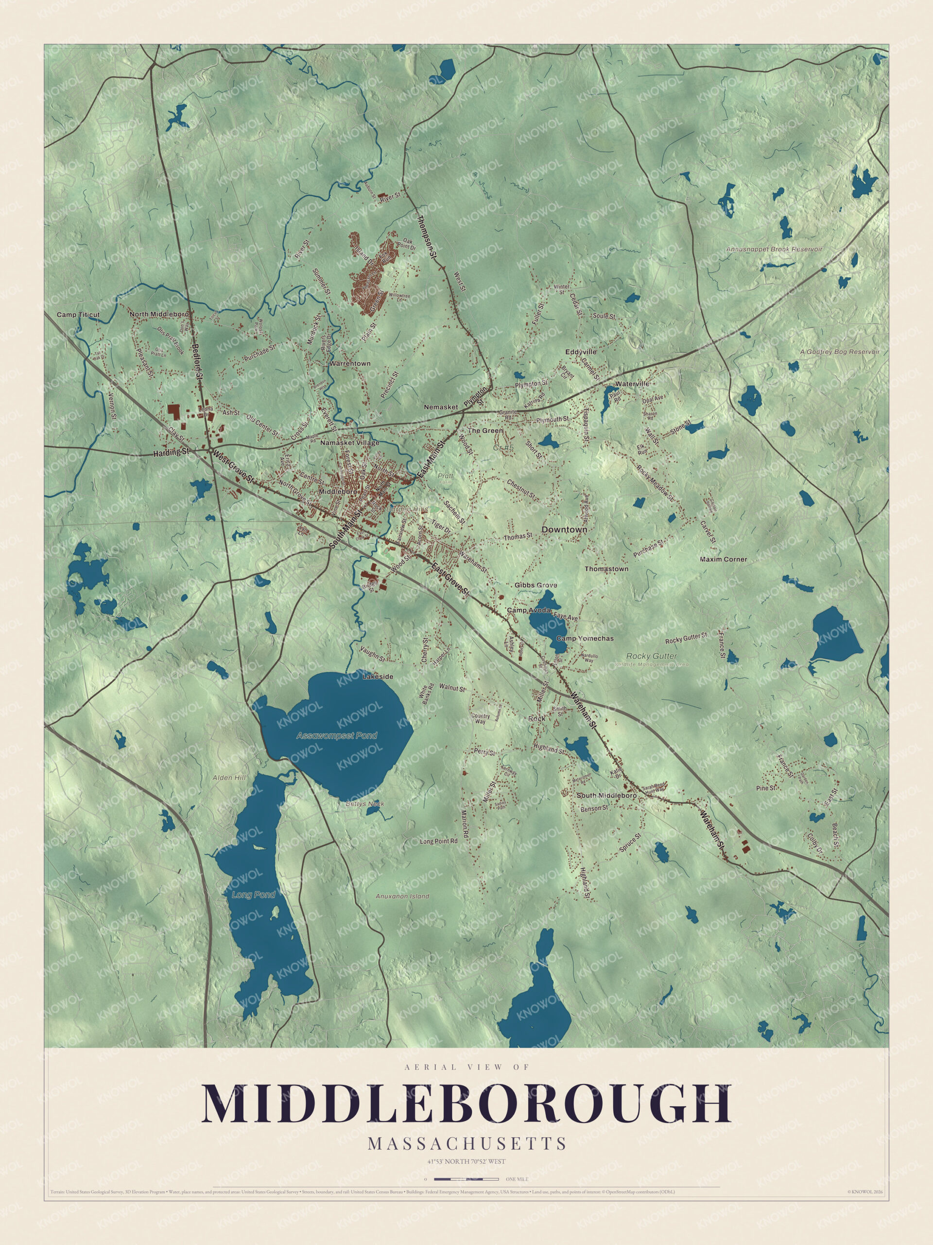 Map of Middleborough, Massachusetts, with South Main Street, the Nemasket River and Assawompset Pond