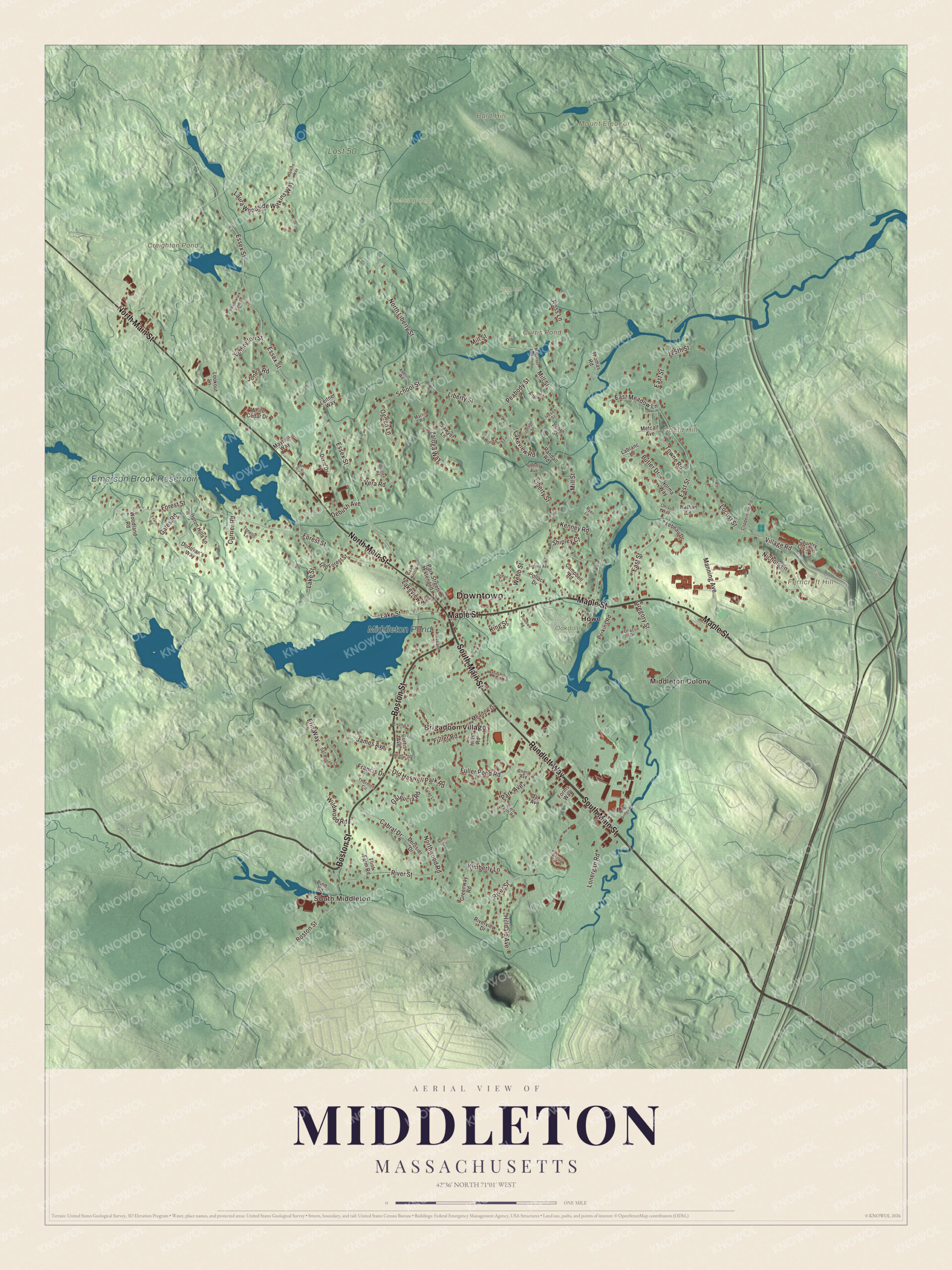 Map of Middleton, Massachusetts, with North Main Street, the Ipswich River and Middleton Pond