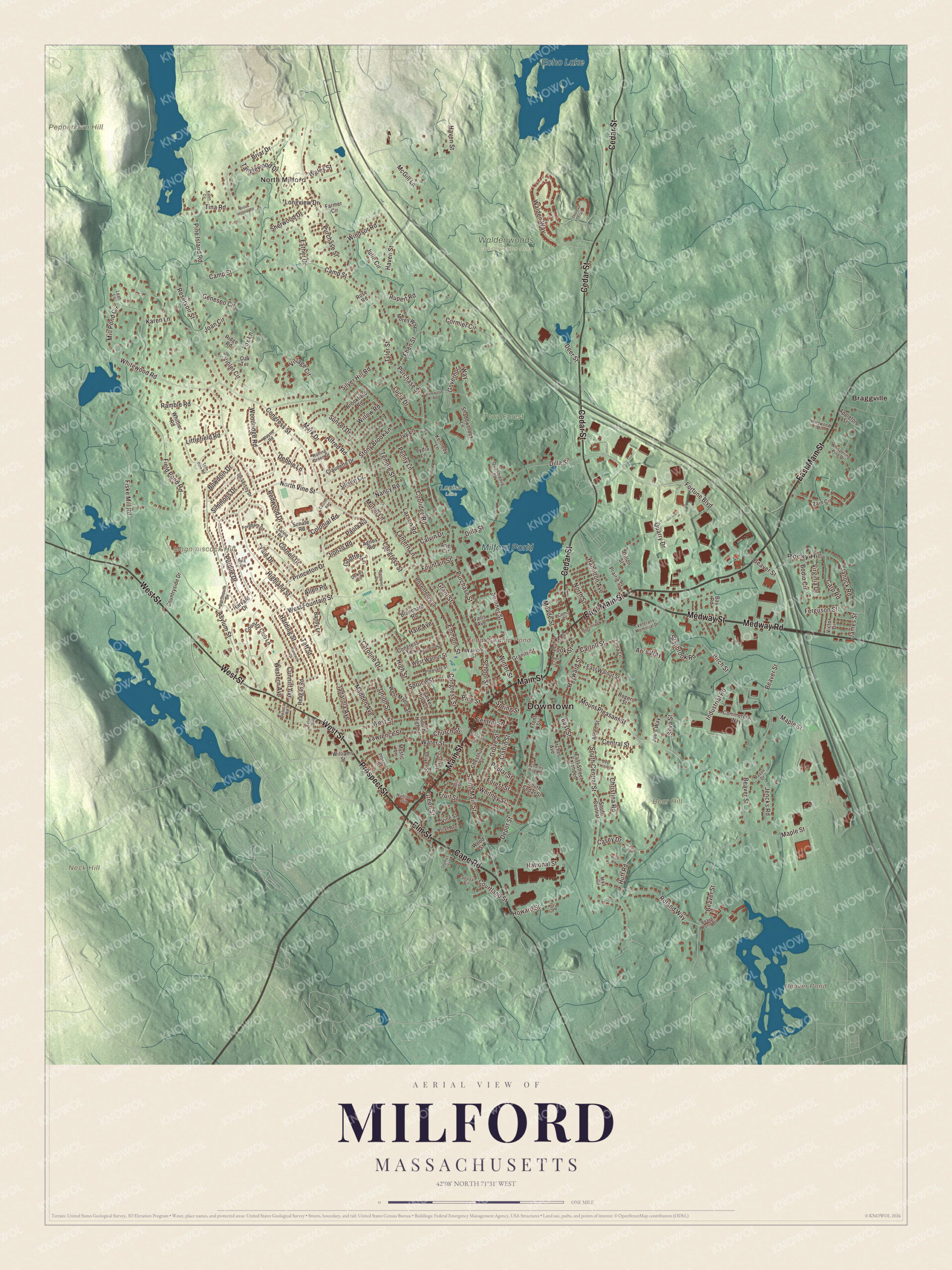 Map of Milford, Massachusetts, with Main Street, Milford Pond and Echo Lake