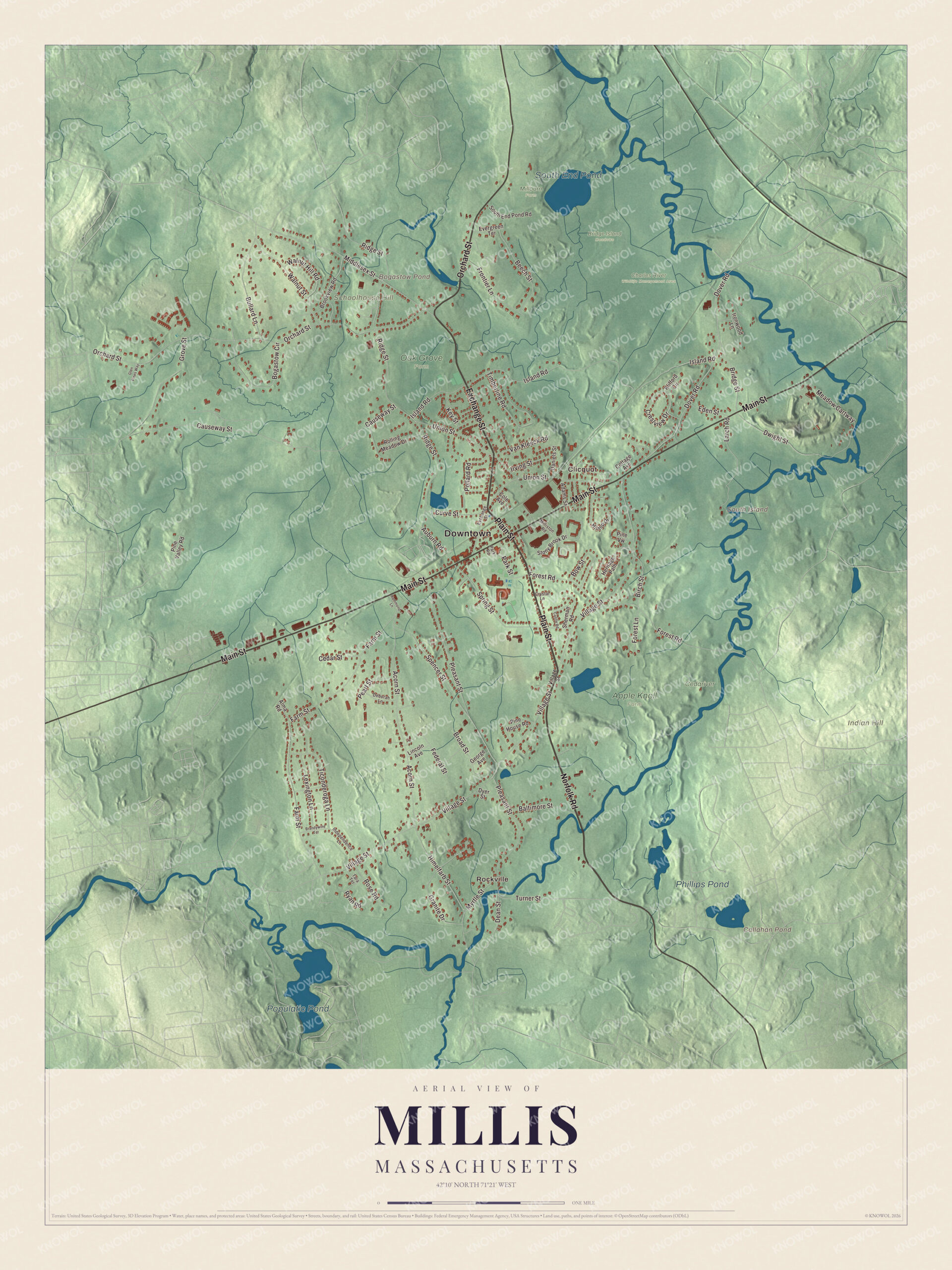 Watermarked full-map preview of Millis, Massachusetts