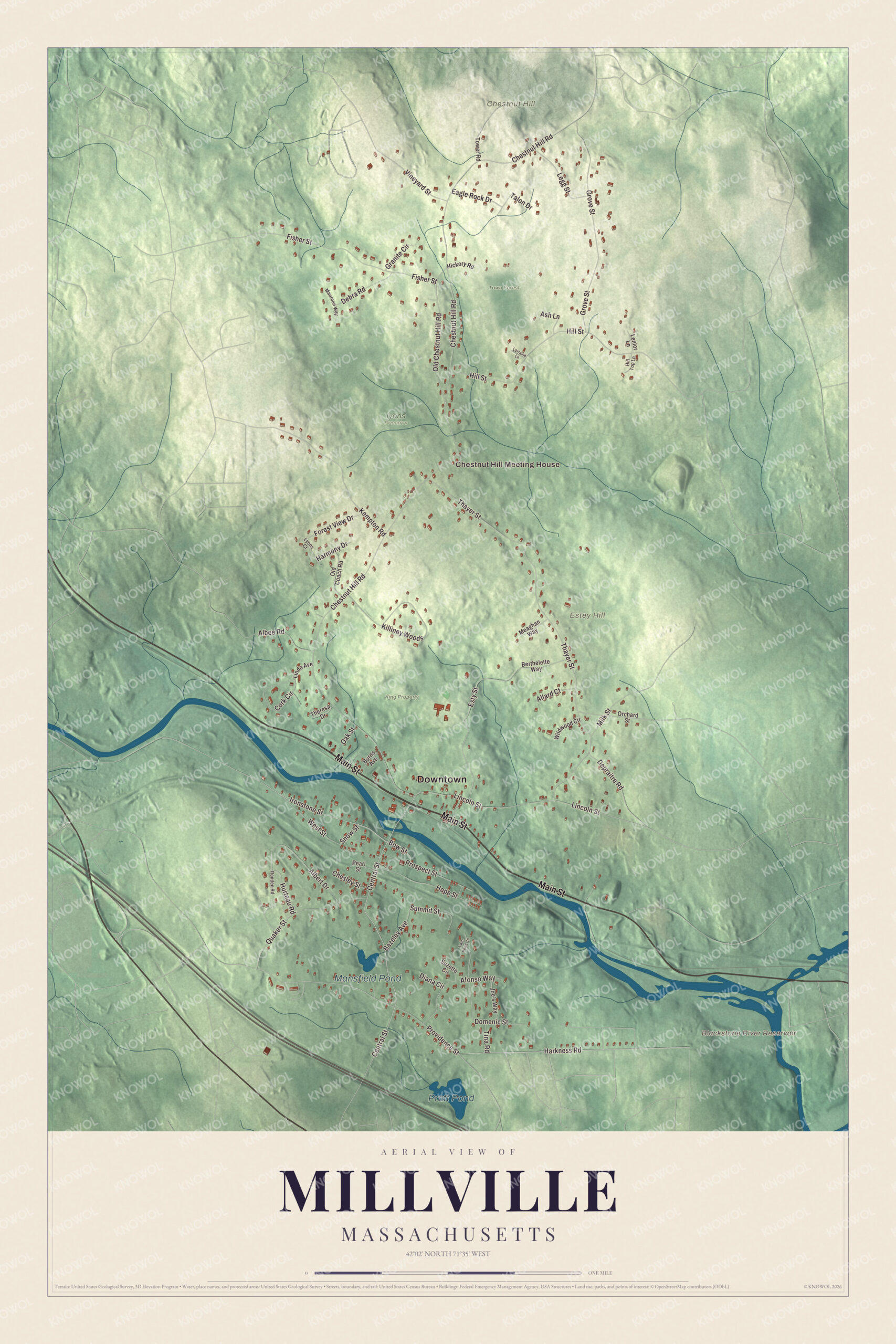 Map of Millville, Massachusetts, with Main Street, the Blackstone River and Chestnut Hill