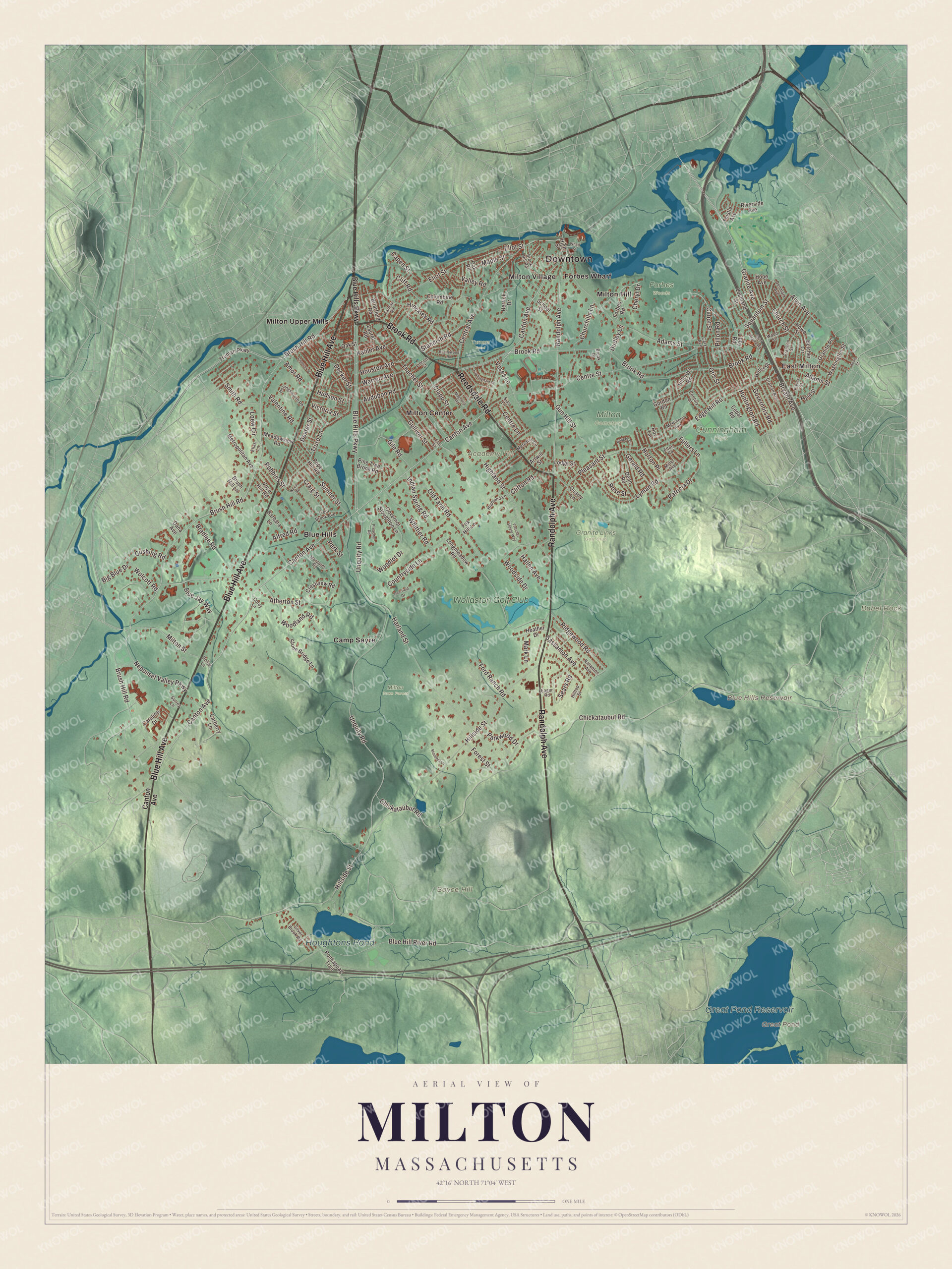 Map of Milton, Massachusetts, with Canton Avenue, the Blue Hills and Houghtons Pond
