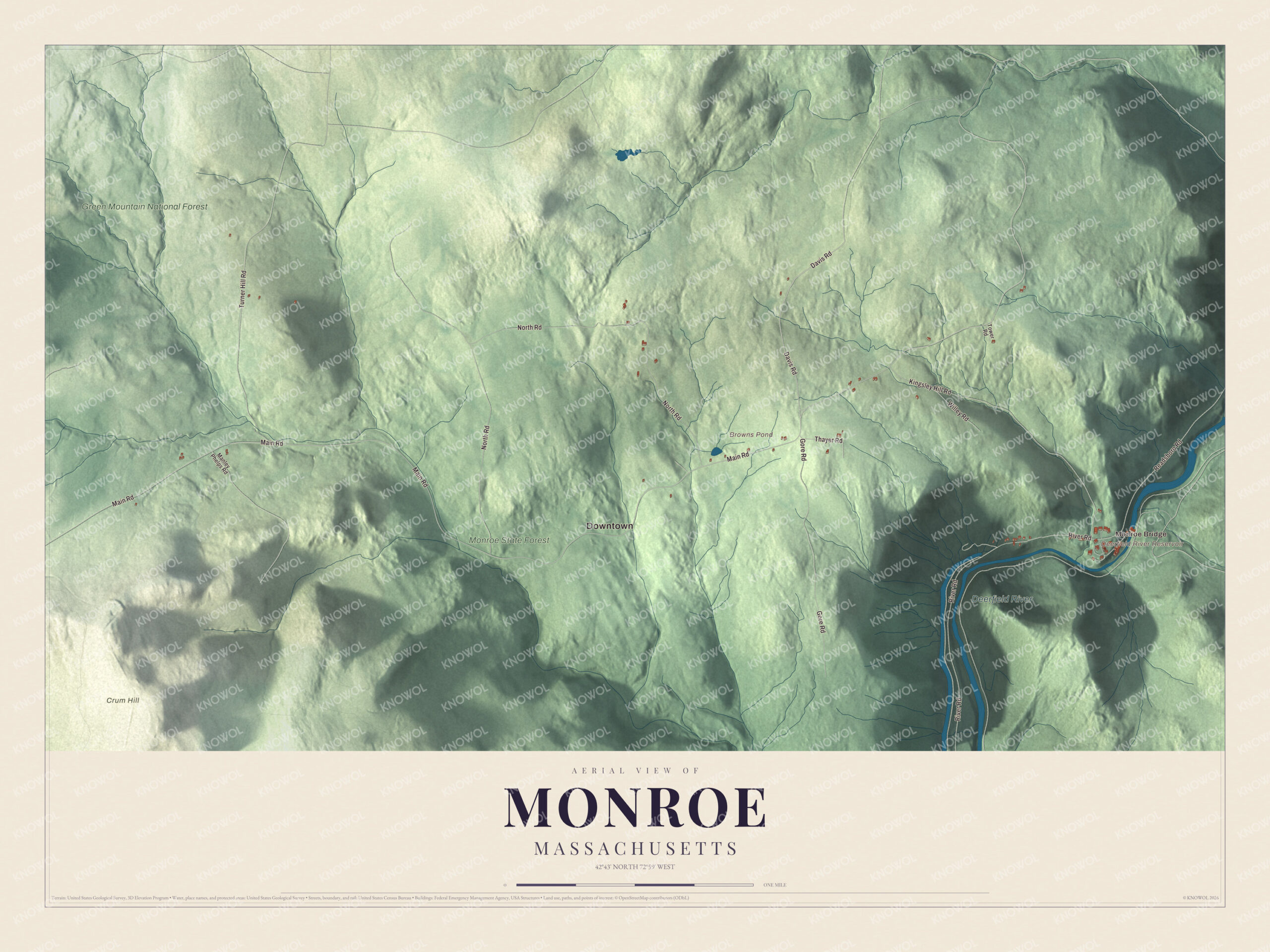 Map of Monroe, Massachusetts, with the Deerfield River, Crum Hill and Monroe State Forest