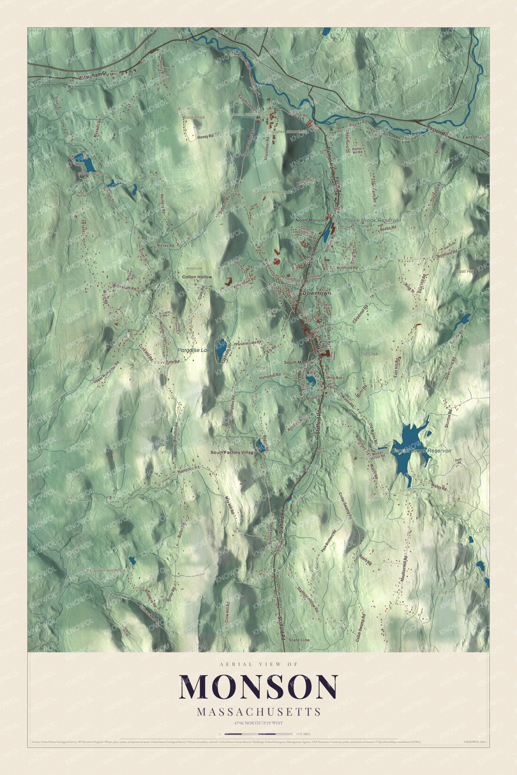 Map of Monson, Massachusetts, with Main Street, Conant Brook Reservoir and Bunyan Mountain