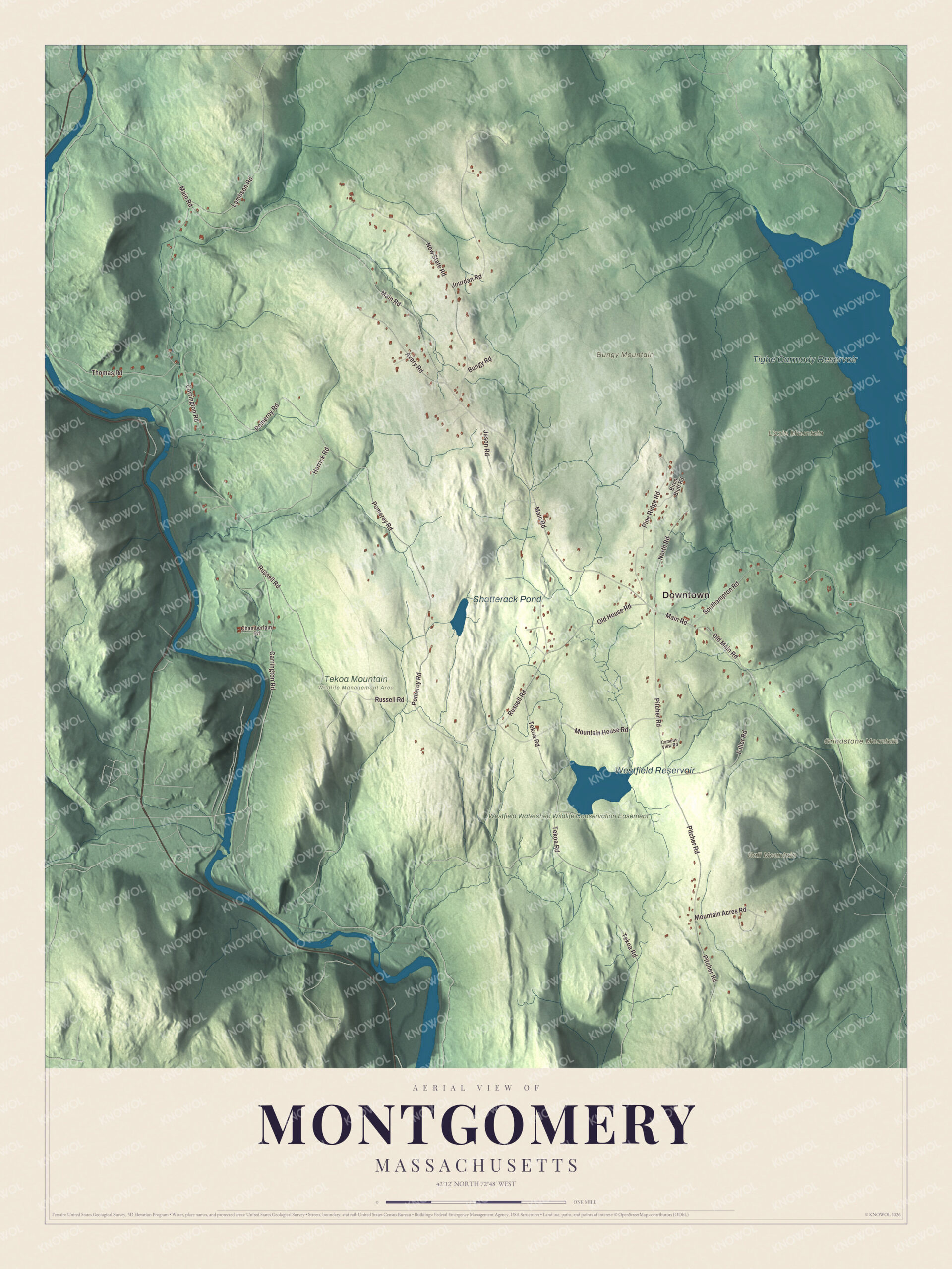 Map of Montgomery, Massachusetts, with Main Road, Westfield Reservoir and Grindstone Mountain