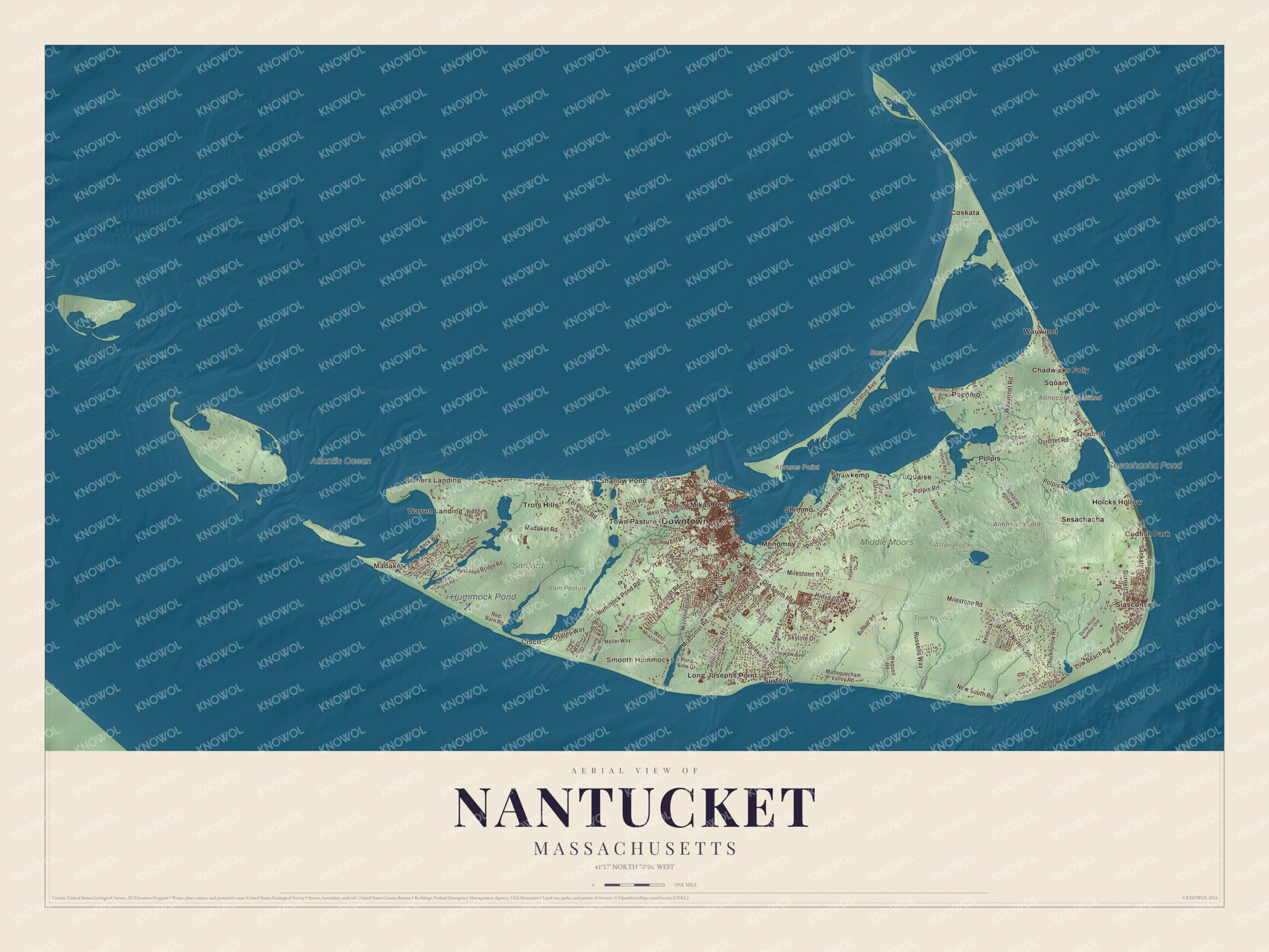 Map of Nantucket, Massachusetts, from Madaket to Siasconset