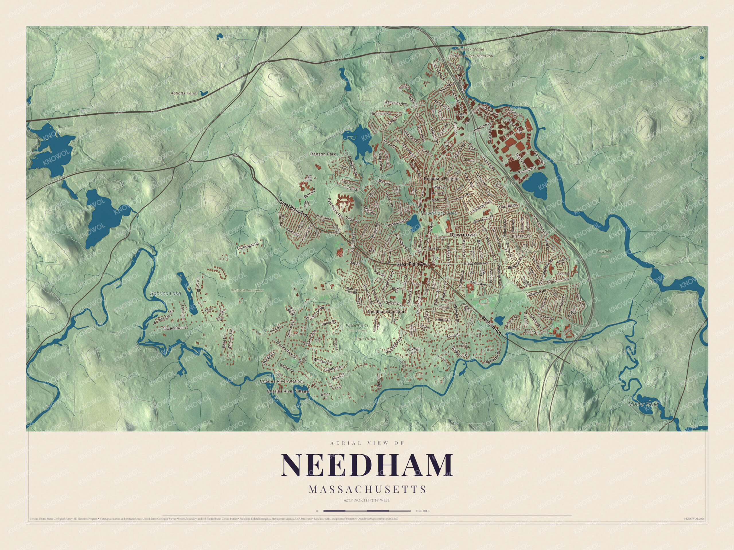 Map of Needham, Massachusetts, with Great Plain Avenue, Rosemary Lake and the Charles River