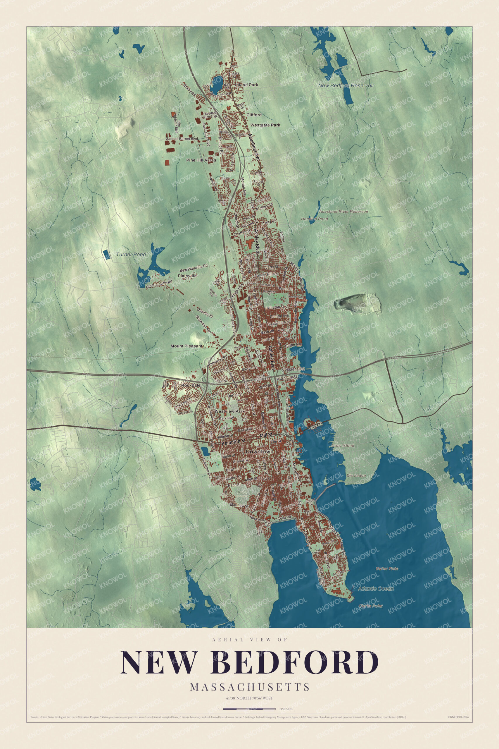 Map of New Bedford, Massachusetts, with Acushnet Avenue, Buttonwood Park and the harbor