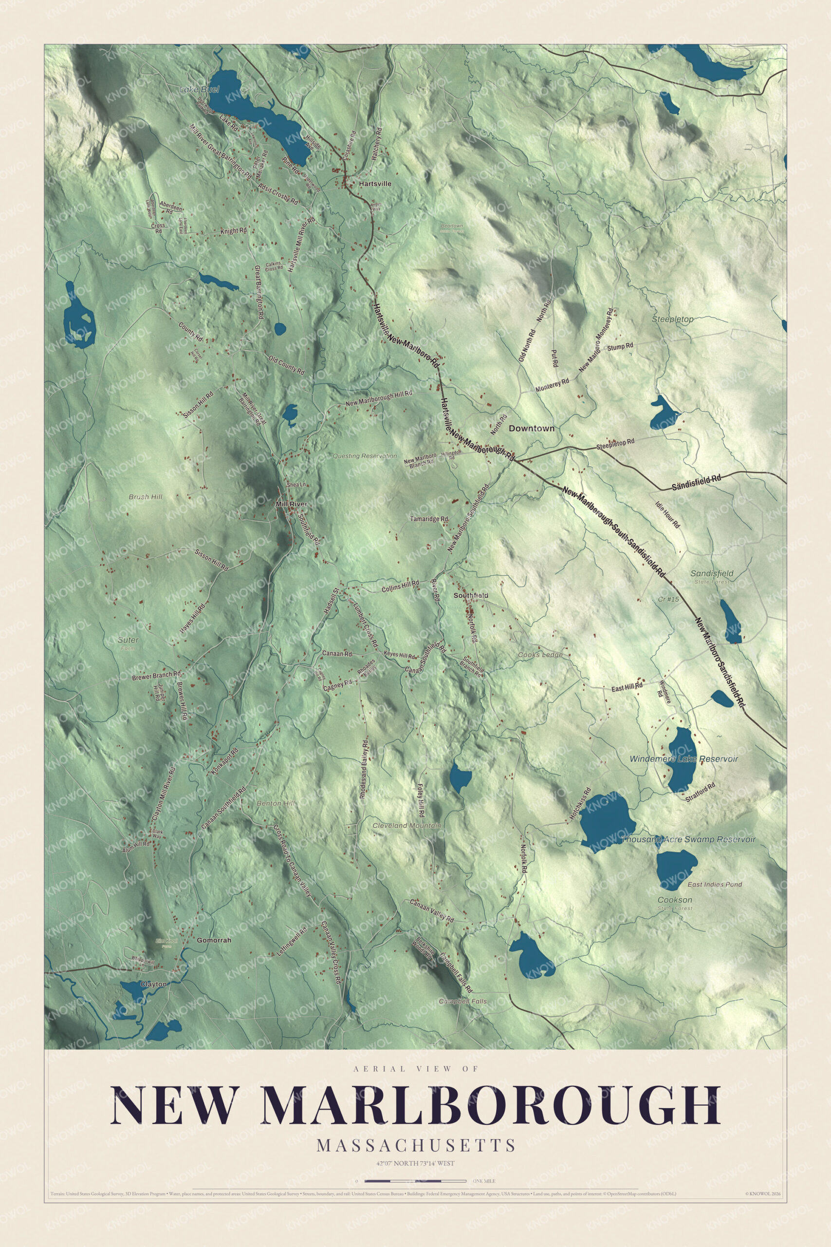 Map of New Marlborough, Massachusetts, with Lake Buel, Mill River and Cleveland Mountain