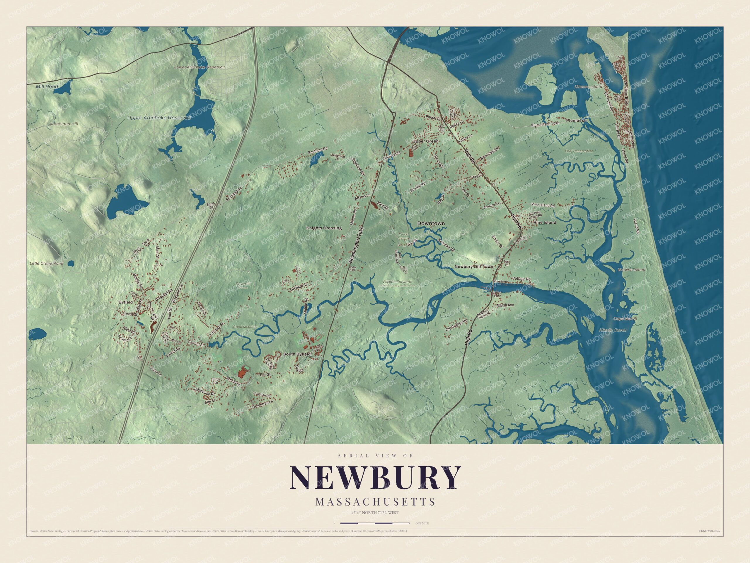 Map of Newbury, Massachusetts, with High Road, Byfield and Plum Island Sound