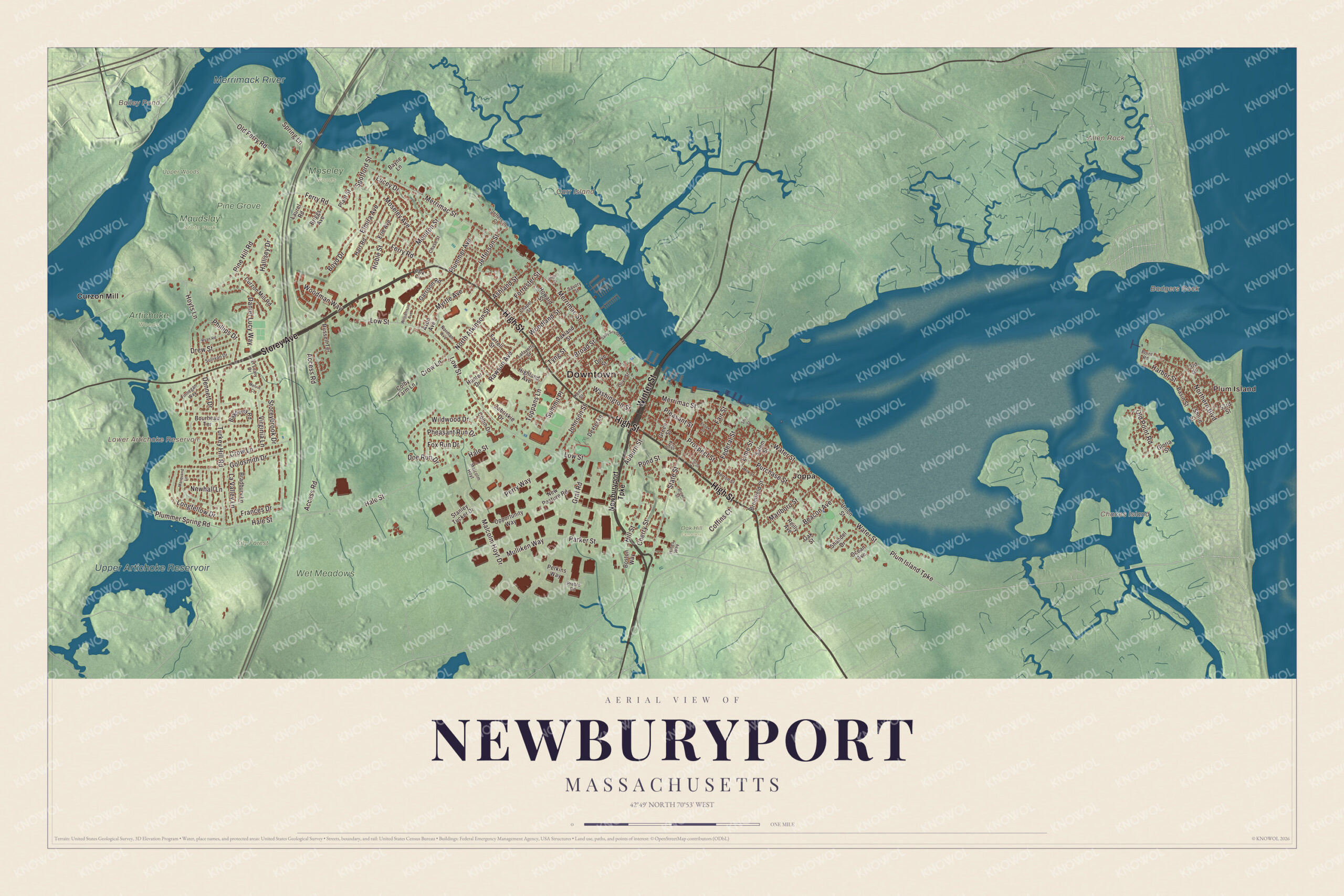 Map of Newburyport, Massachusetts, with High Street, the Merrimack River and Plum Island