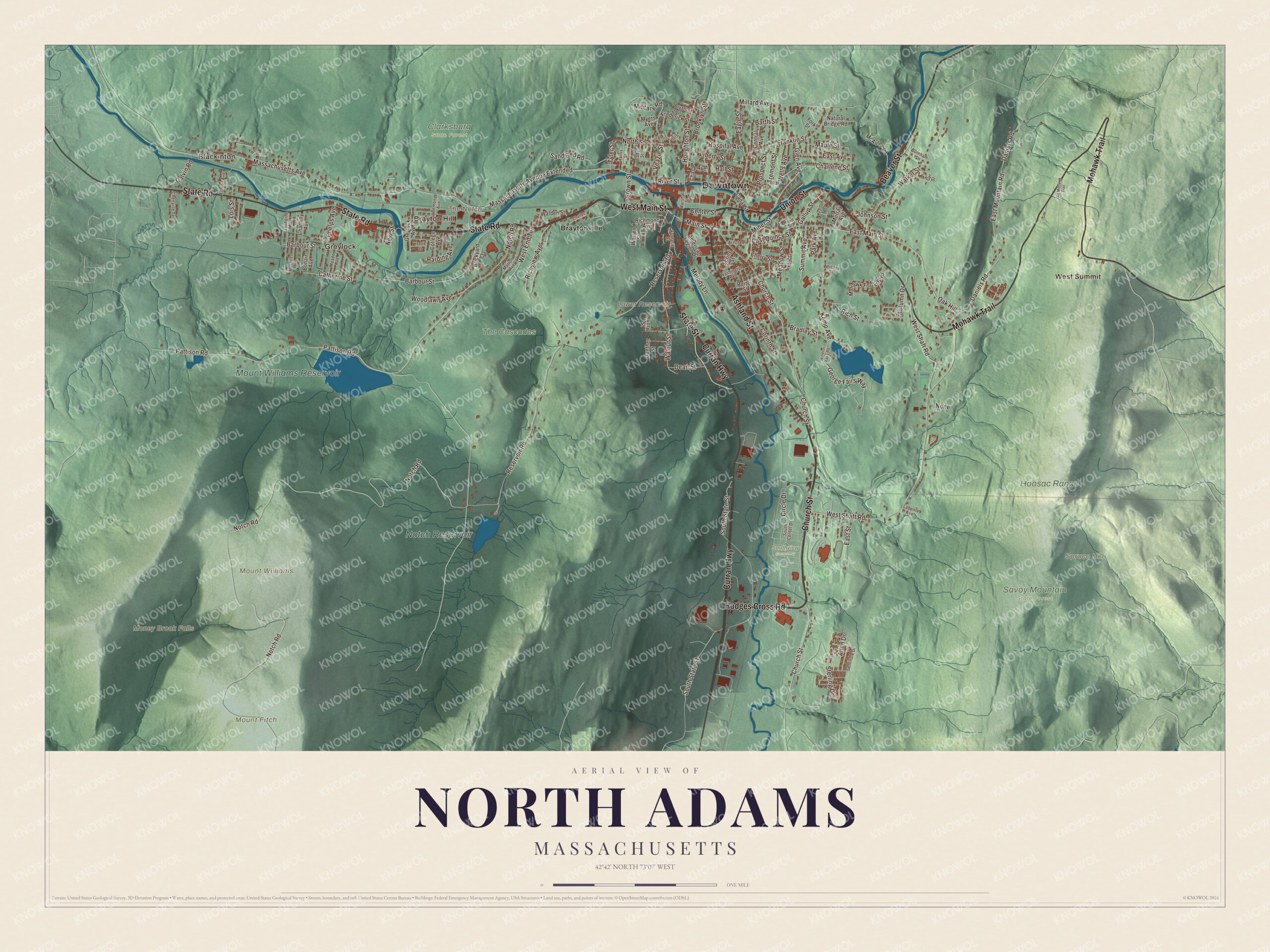 Map of North Adams, Massachusetts, with the Hoosic valley, The Notch and Mount Williams Reservoir