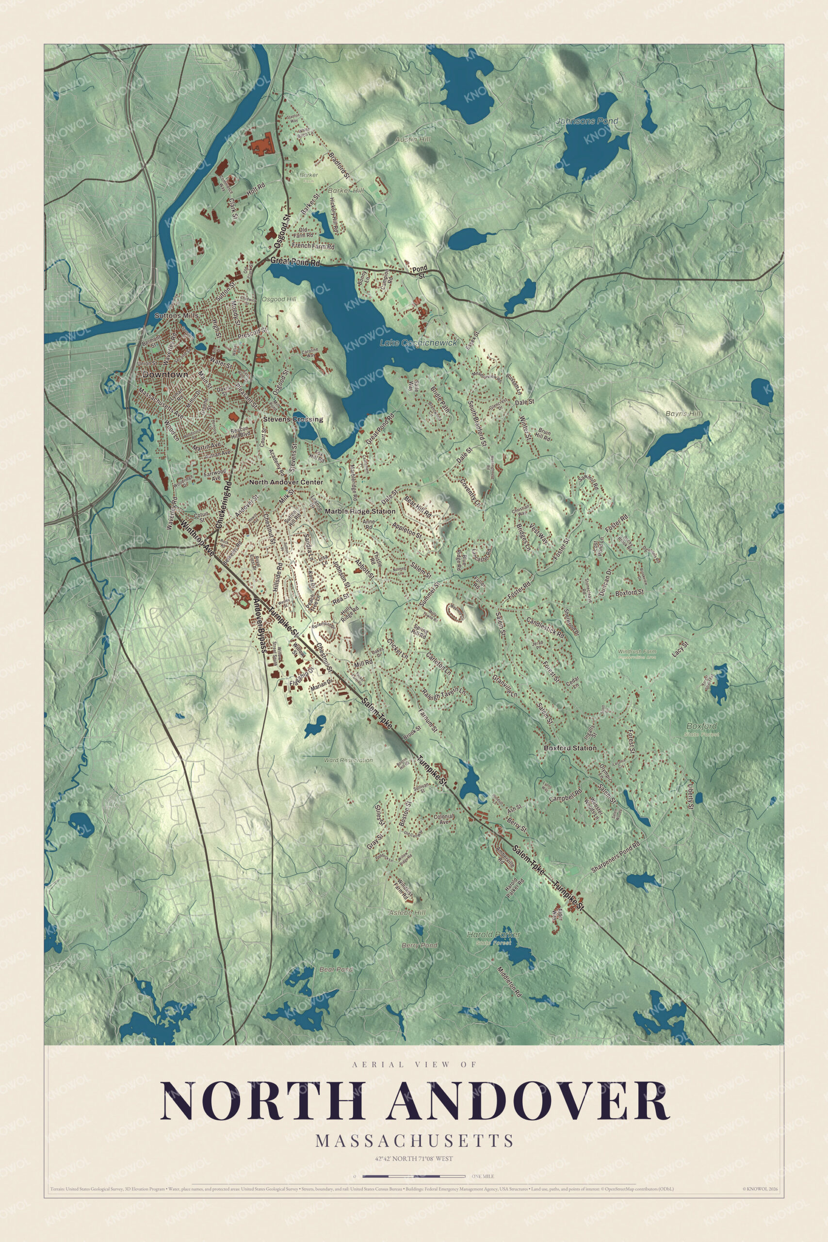 Map of North Andover, Massachusetts, with Osgood Street, Lake Cochichewick and the Ward Reservation