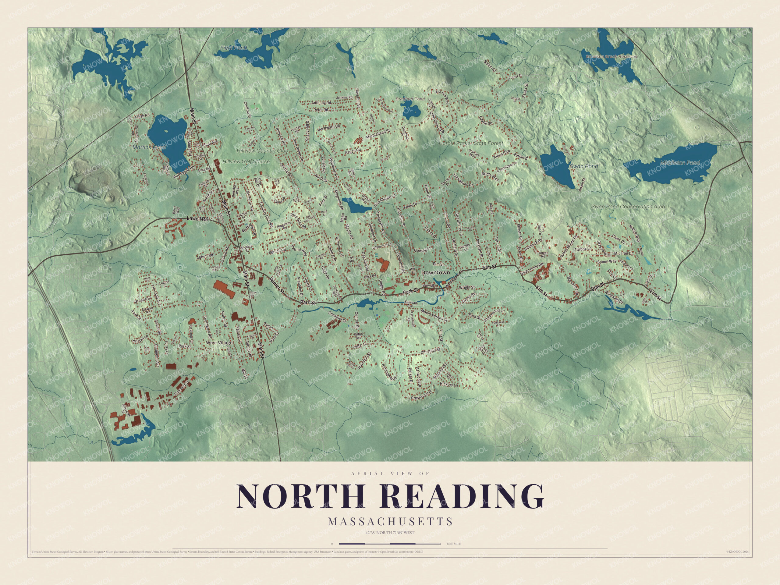 Watermarked full-map preview of North Reading, Massachusetts