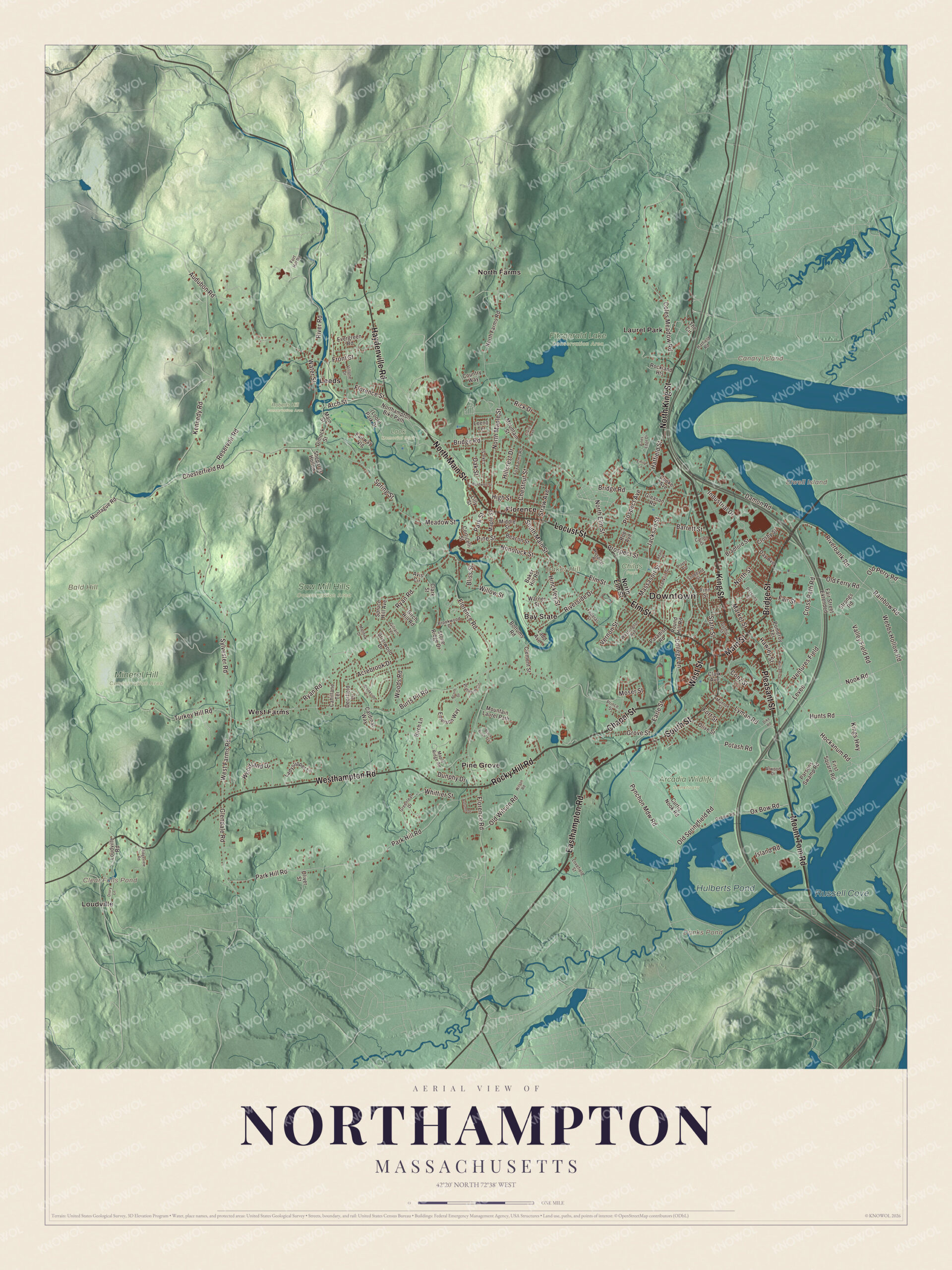 Map of Northampton, Massachusetts, with Main Street, Elm Street and the village of Florence
